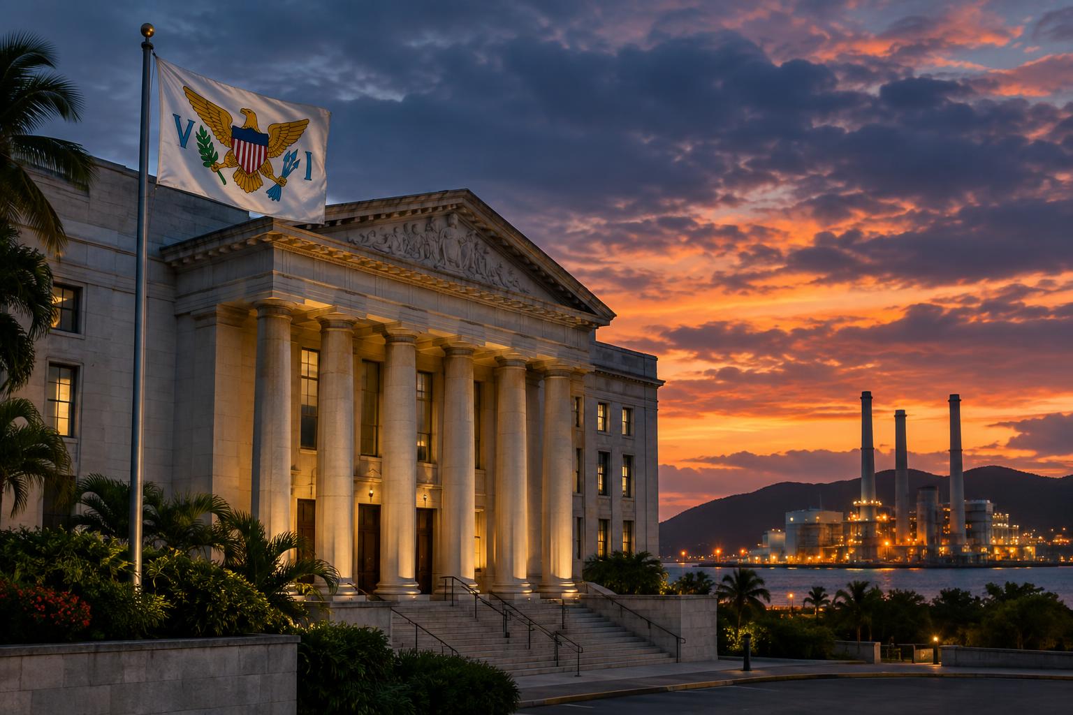 A federal courthouse building with the US Virgin Islands flag flying, with a utility power plant visible in the background at dusk, cinematic lighting, no people