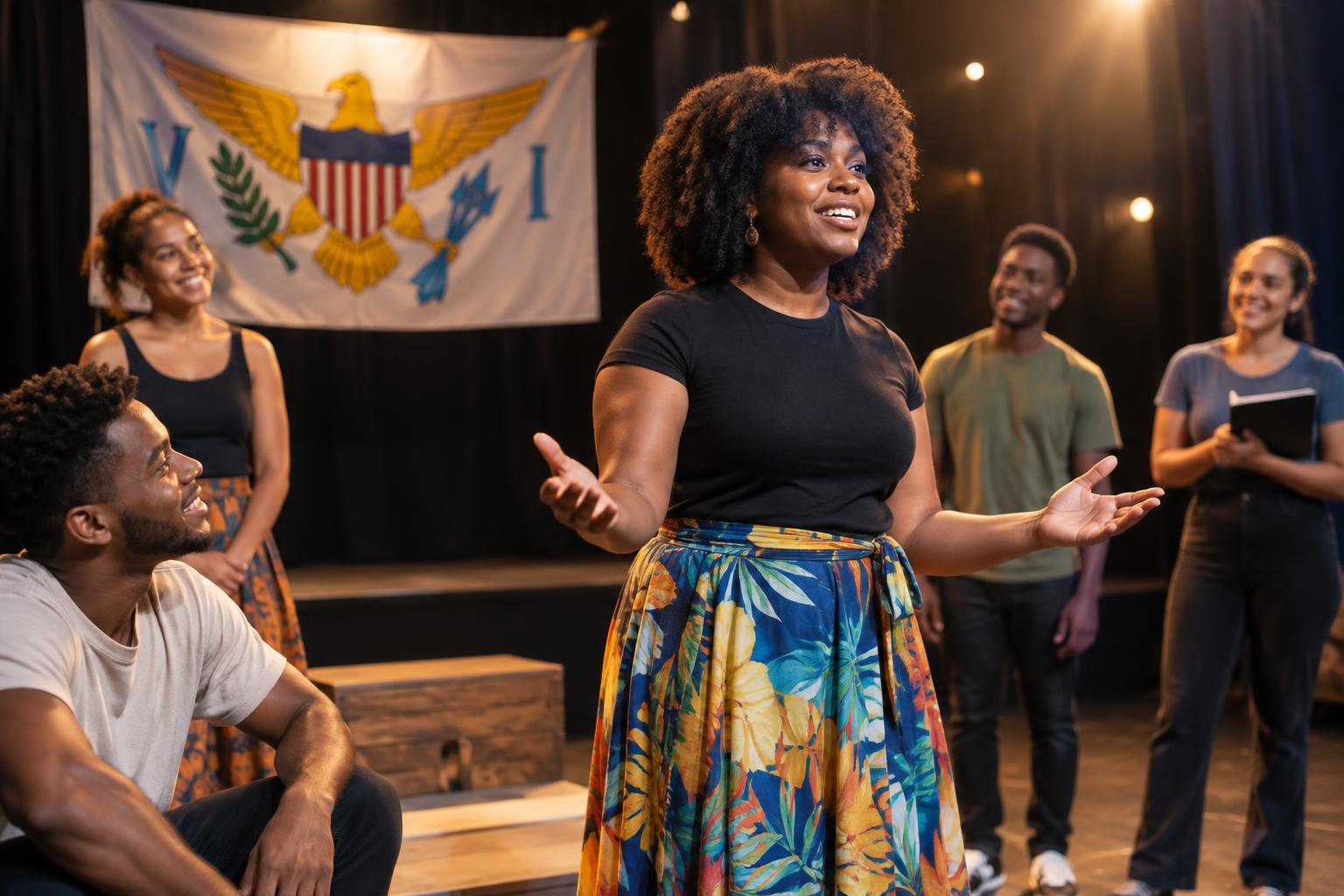 A diverse group of people on a theater stage during a rehearsal or performance, with the US Virgin Islands flag visible in the background, warm stage lighting, collaborative and welcoming atmosphere