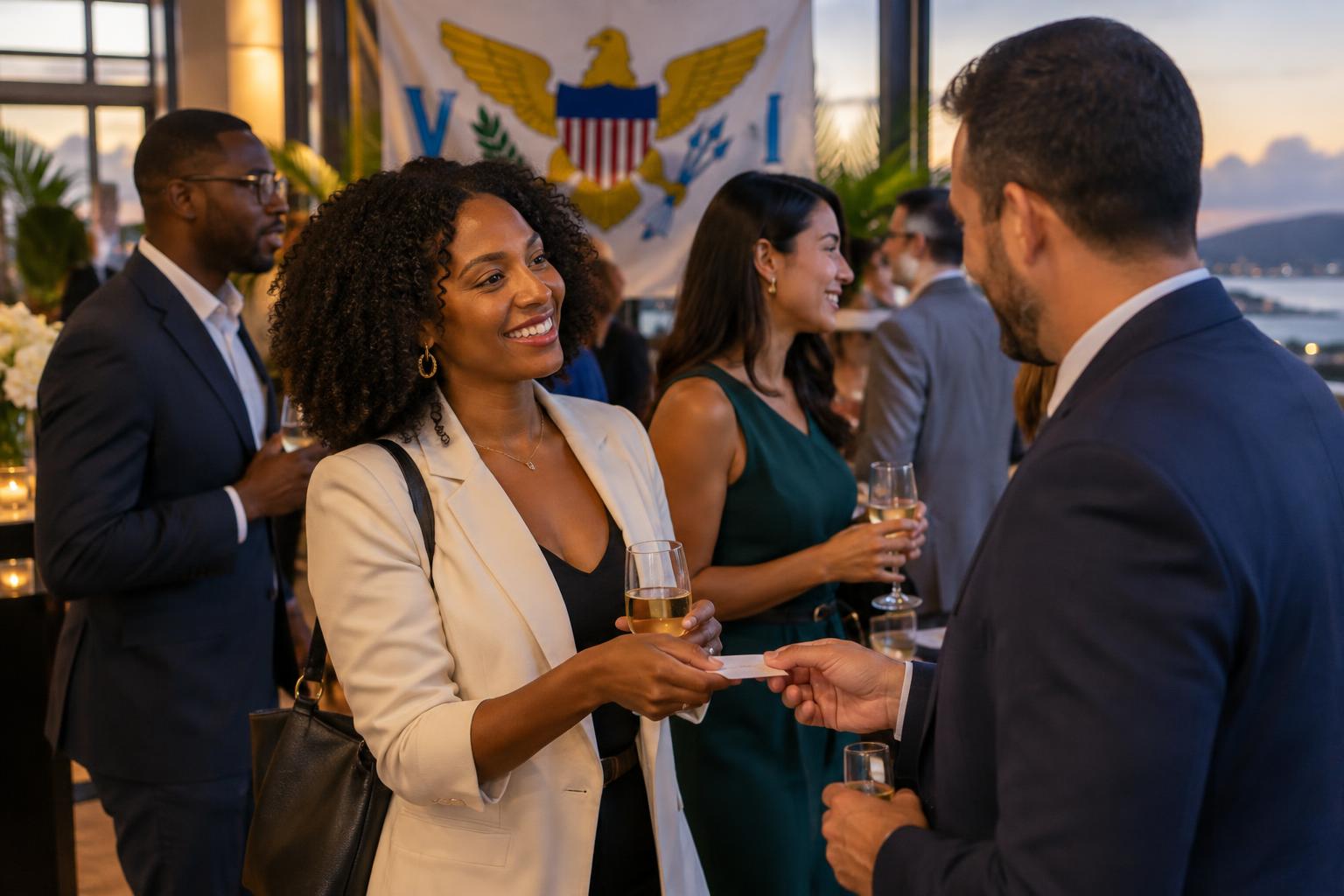 A diverse group of professionals mingling at a modern indoor venue with the US Virgin Islands flag visible, holding drinks and exchanging business cards, warm lighting suggesting an evening event