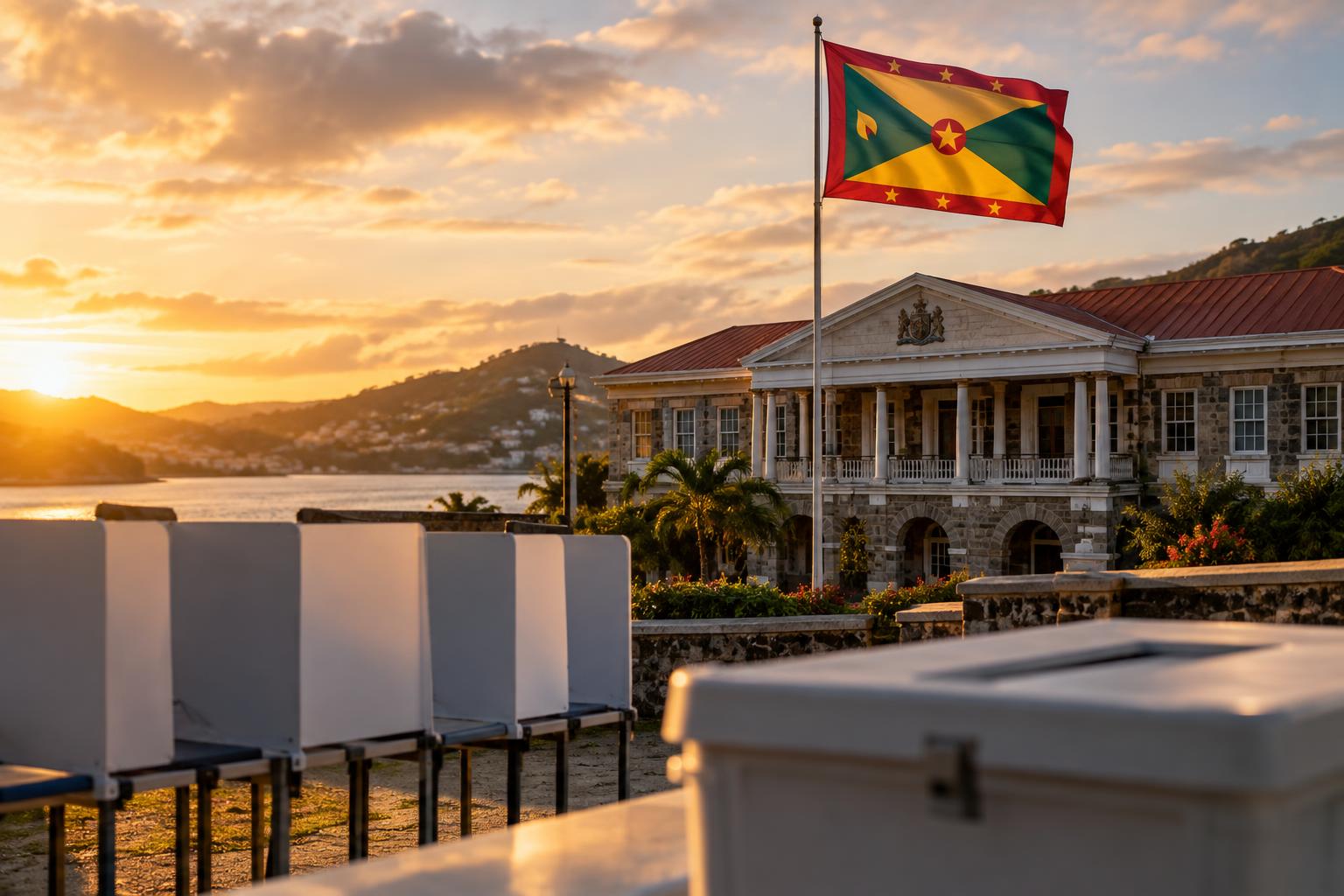 The Grenada flag flying above a government or parliament building, with voting booths or ballot boxes visible in the foreground, cinematic lighting at golden hour, no people or faces visible
