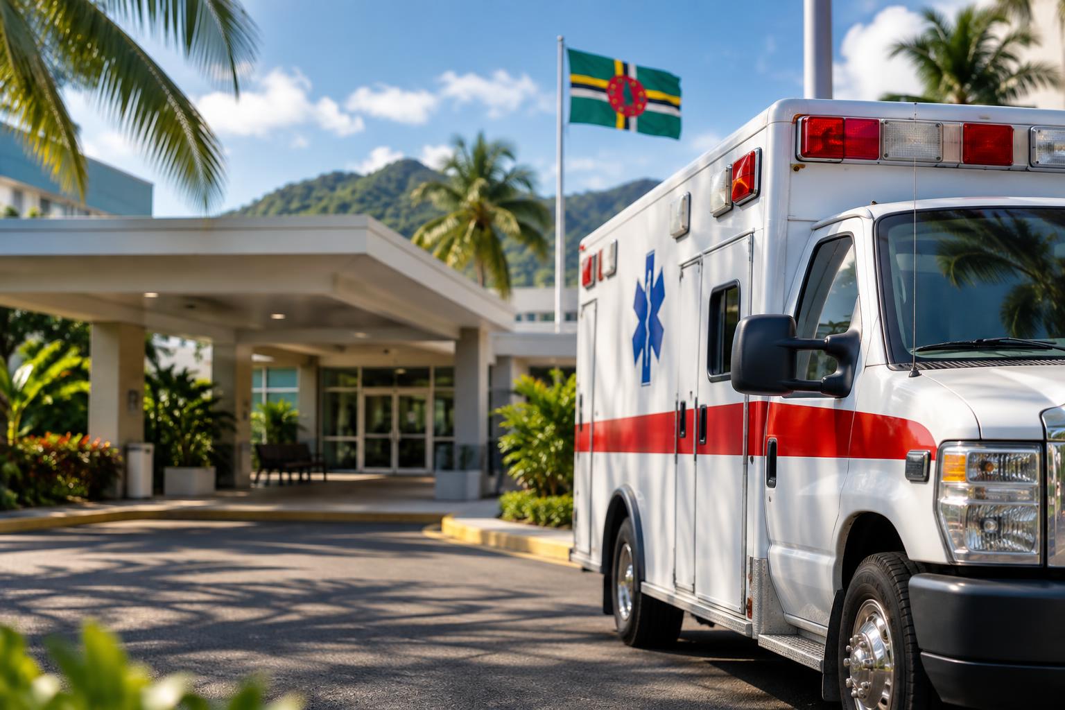 A hospital entrance with an ambulance parked outside under tropical sunlight, the flag of Dominica visible in the background, cinematic depth of field, no identifiable people or vehicles details, professional medical setting atmosphere