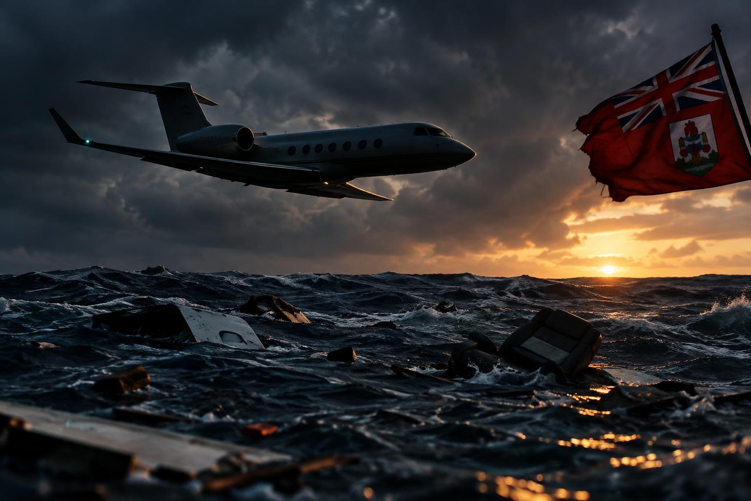 A Gulfstream jet aircraft silhouetted against stormy seas with debris scattered across dark water, the Bermuda flag visible in the background, cinematic lighting at dusk, no identifiable people or bodies