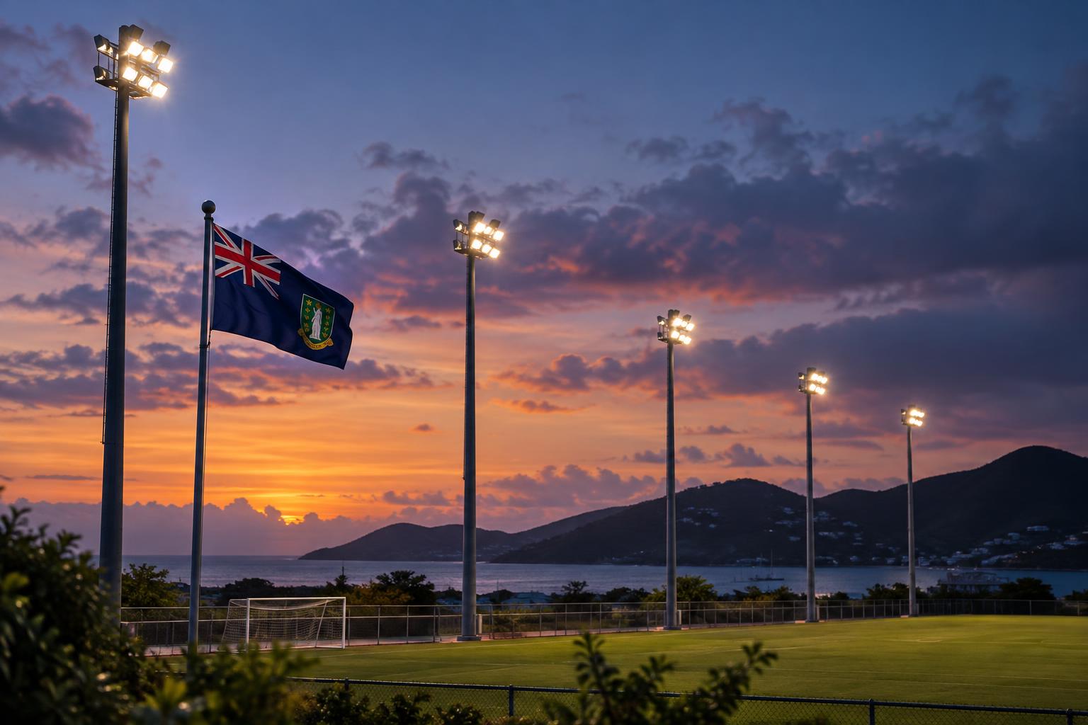 Six tall modern lighting poles standing over a sports field at dusk with the BVI flag visible, electrical fixtures glowing softly against a twilight sky