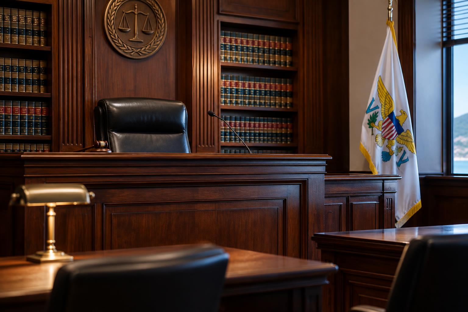 A formal courtroom interior with wooden judge's bench, law books on shelves, and the US Virgin Islands flag visible in the corner, cinematic lighting, no people visible