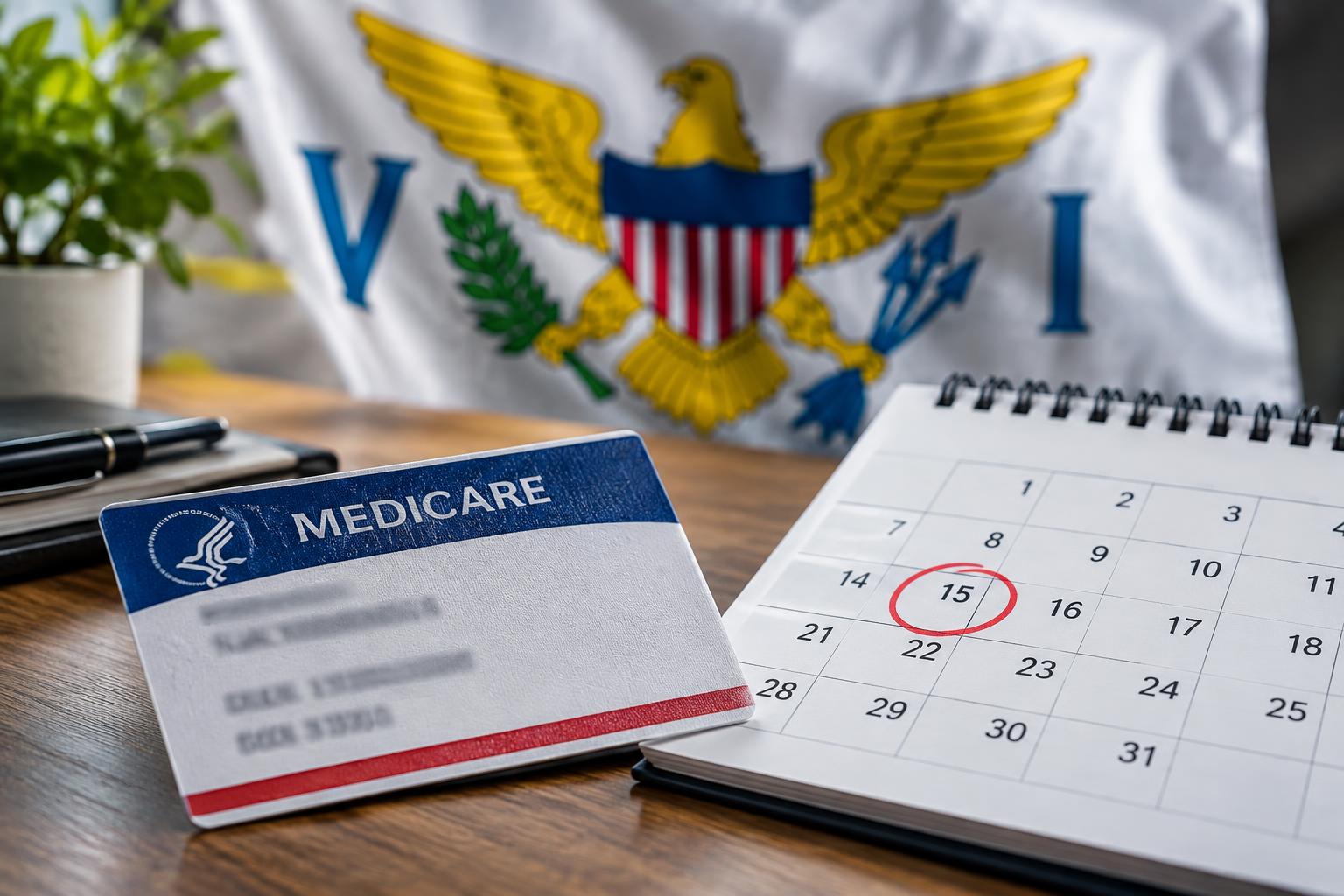 A Medicare card and a calendar showing October 15 circled in red, with the US Virgin Islands flag in the background, soft office lighting