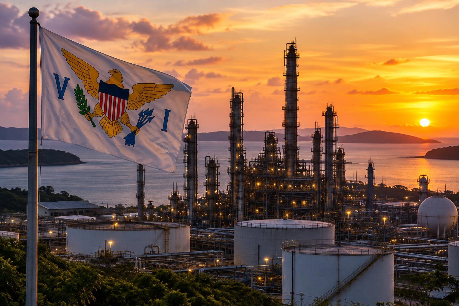 An industrial oil refinery complex with multiple towers and storage tanks silhouetted against a Caribbean sunset, the US Virgin Islands flag flying prominently in the foreground, calm waters visible in the distance.