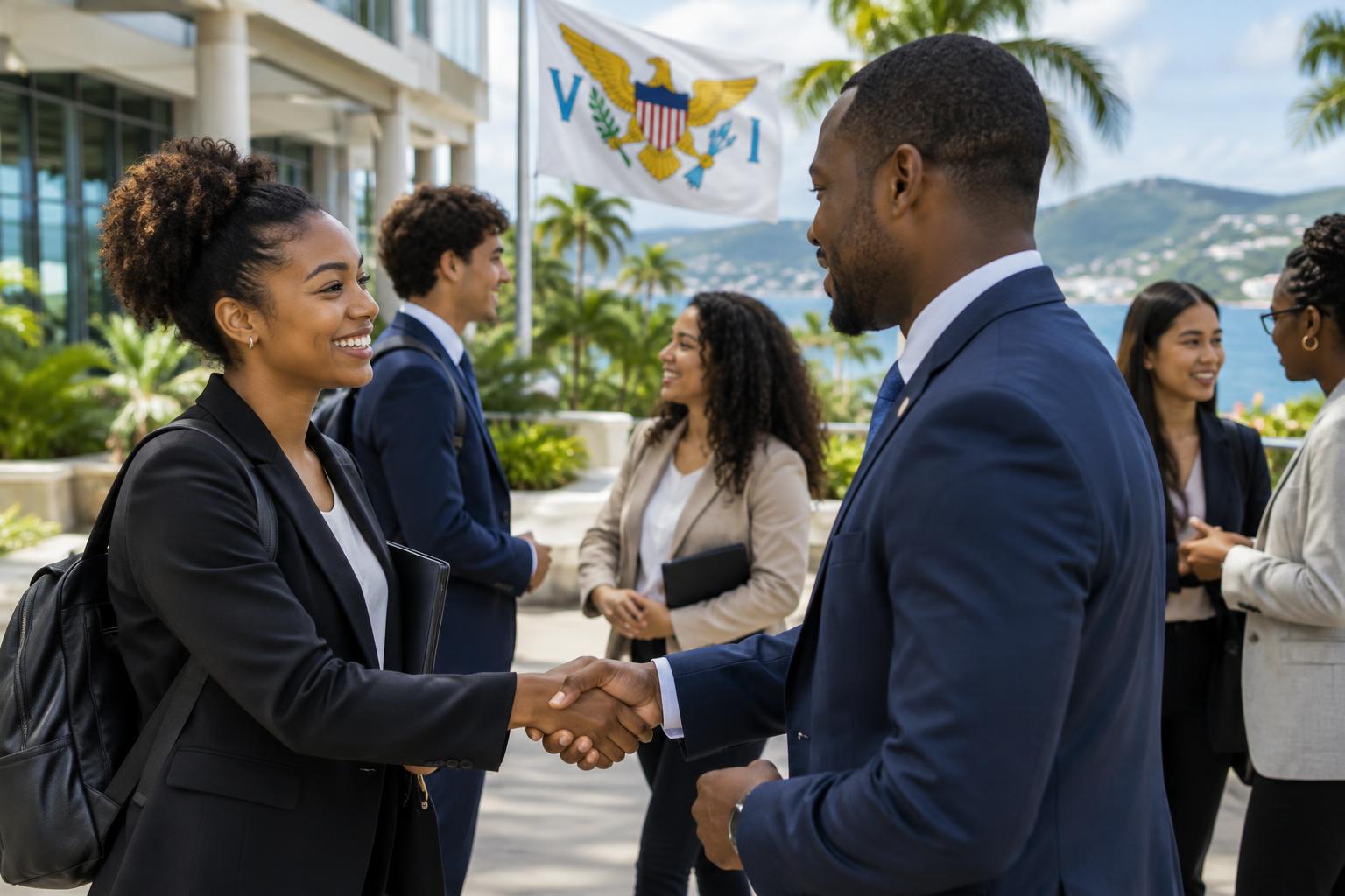 A diverse group of young students and professional adults in business attire shaking hands and conversing in a modern campus setting, with the US Virgin Islands flag visible in the background