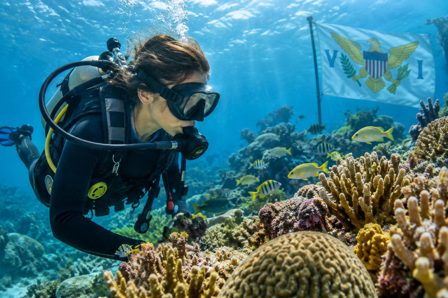 A young diver in full scuba gear examining a coral reef underwater, with the US Virgin Islands flag visible in the background, tropical fish swimming nearby, natural sunlight filtering through the water, vibrant coral formations in focus