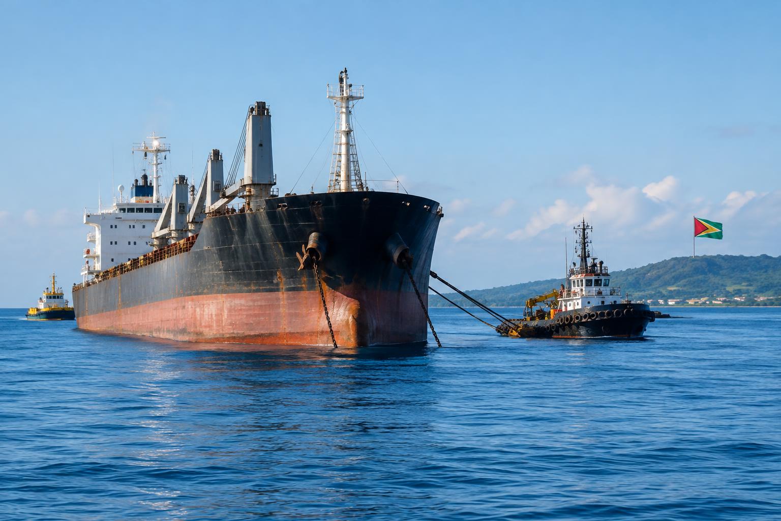 A large cargo vessel on calm blue ocean water under clear sky, with the flag of Guyana visible in the distance, representing maritime salvage operations in the Caribbean.