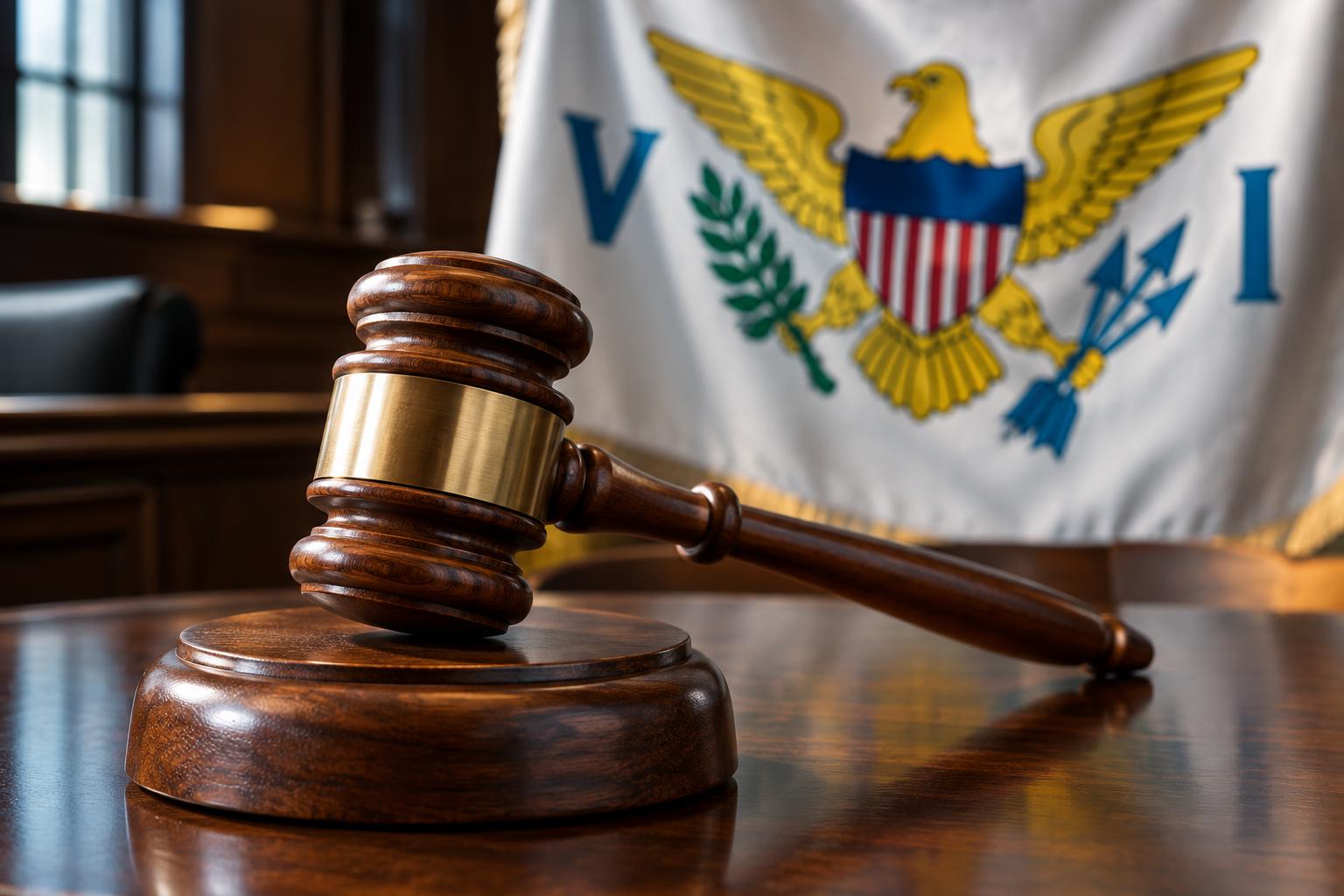 A wooden gavel resting on a courthouse desk with the US Virgin Islands flag in the background, cinematic lighting, no people visible