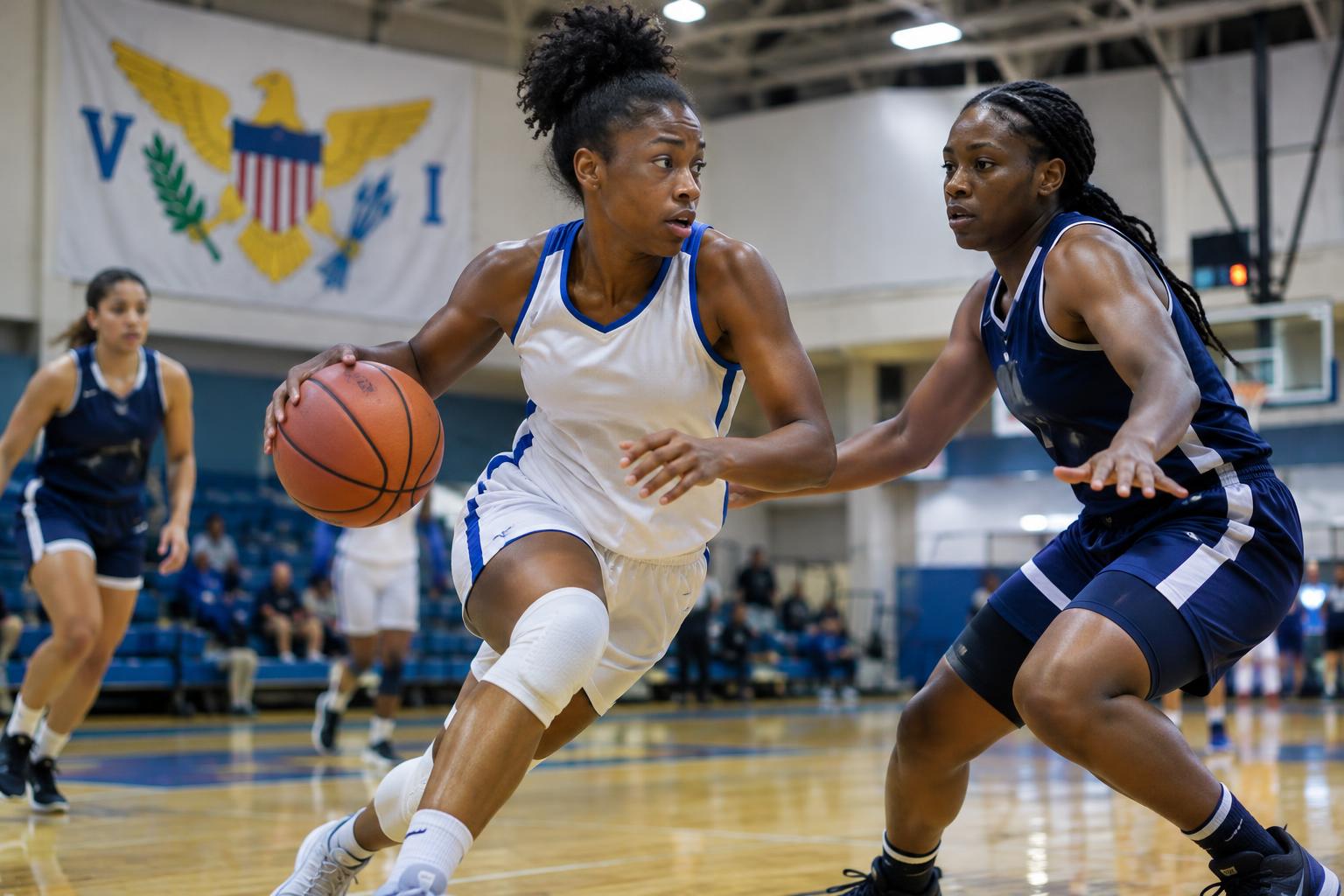 A basketball court with players in action, the US Virgin Islands flag visible in the background, indoor gymnasium lighting, dynamic movement captured mid-play