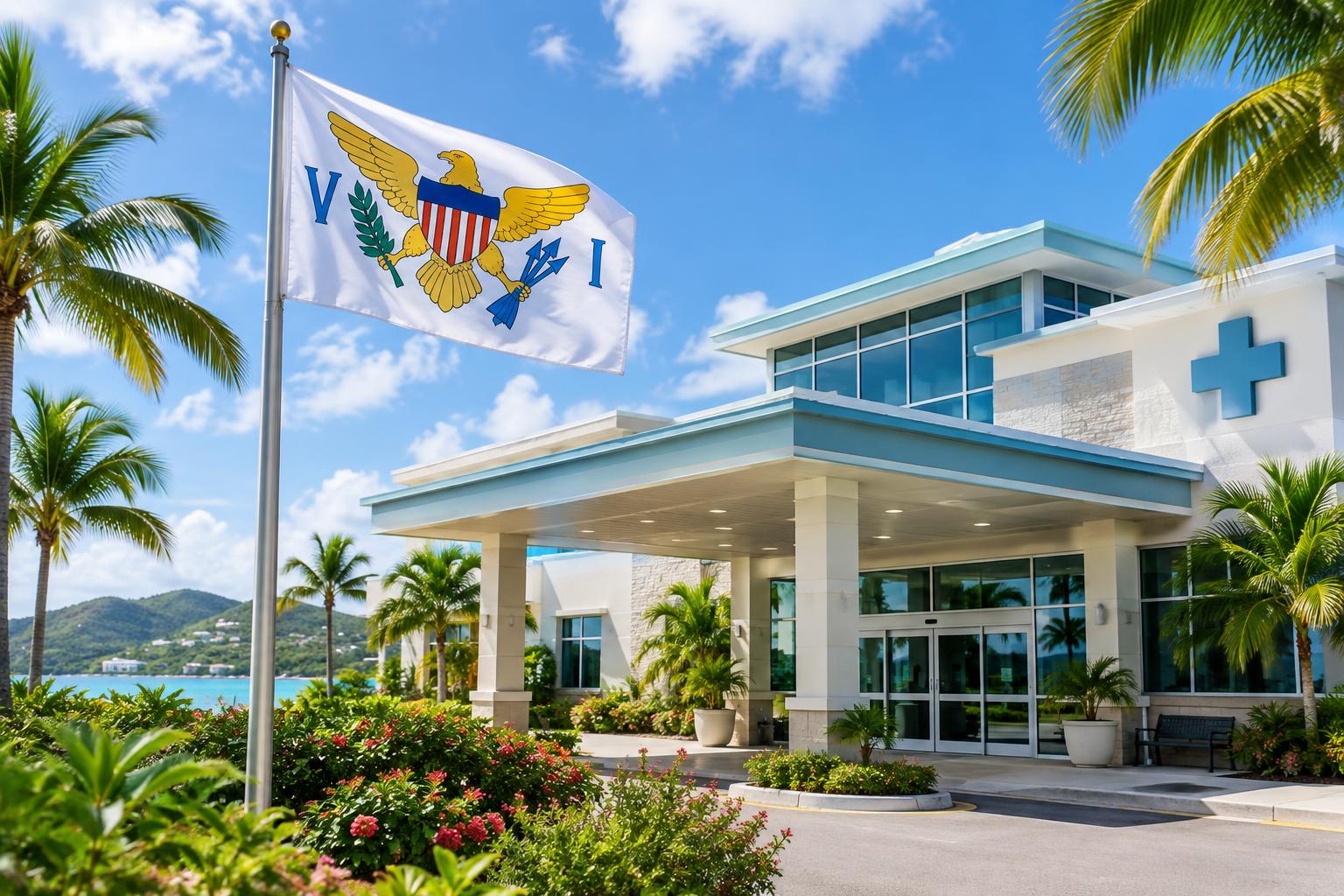 A modern healthcare clinic or hospital building with the US Virgin Islands flag flying prominently, Caribbean palm trees visible, bright daylight, professional and welcoming appearance