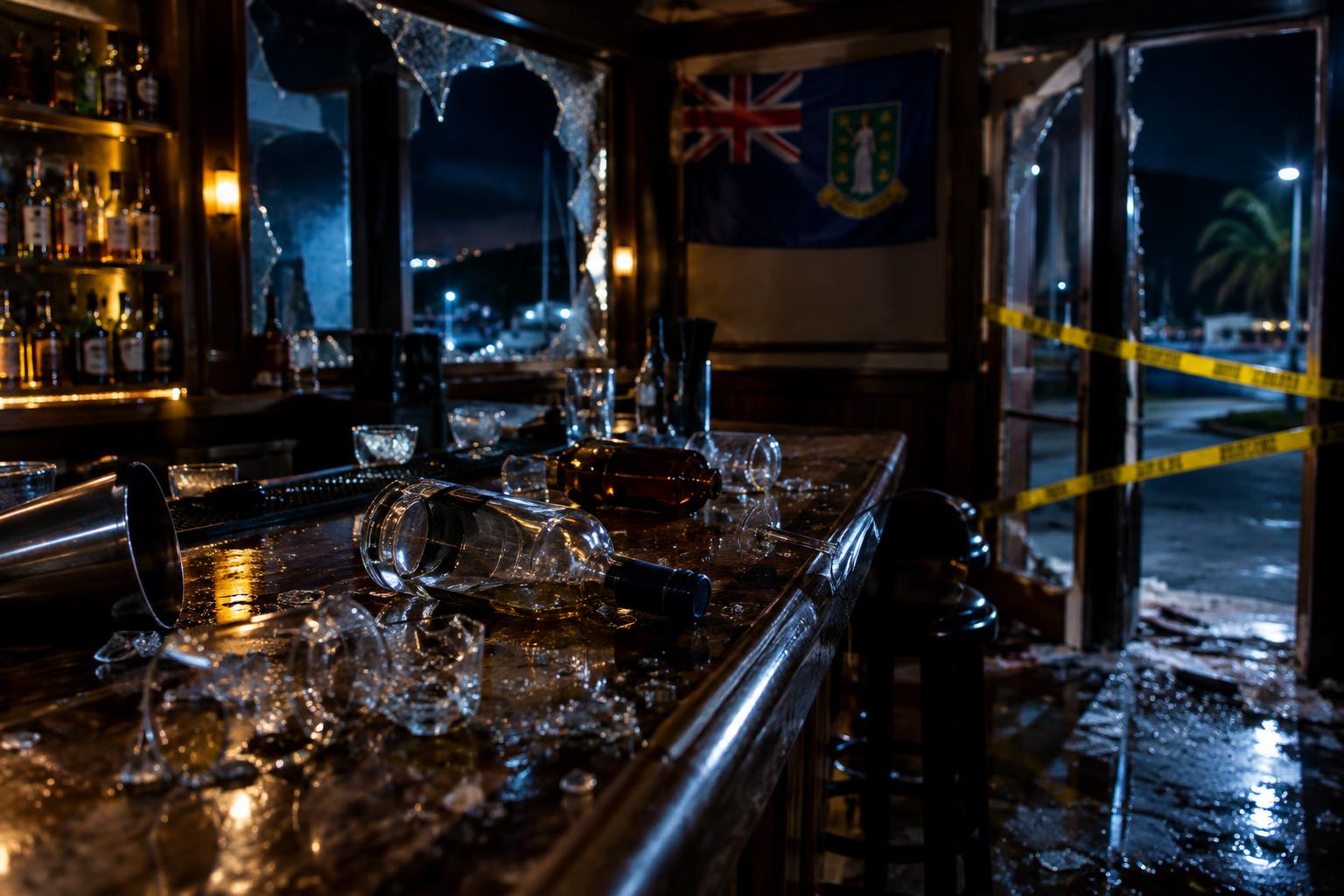 A darkened bar interior with overturned bottles and glasses on a counter, a broken window frame visible, yellow police tape across the entrance, the BVI flag in the background, cinematic night lighting, no people visible