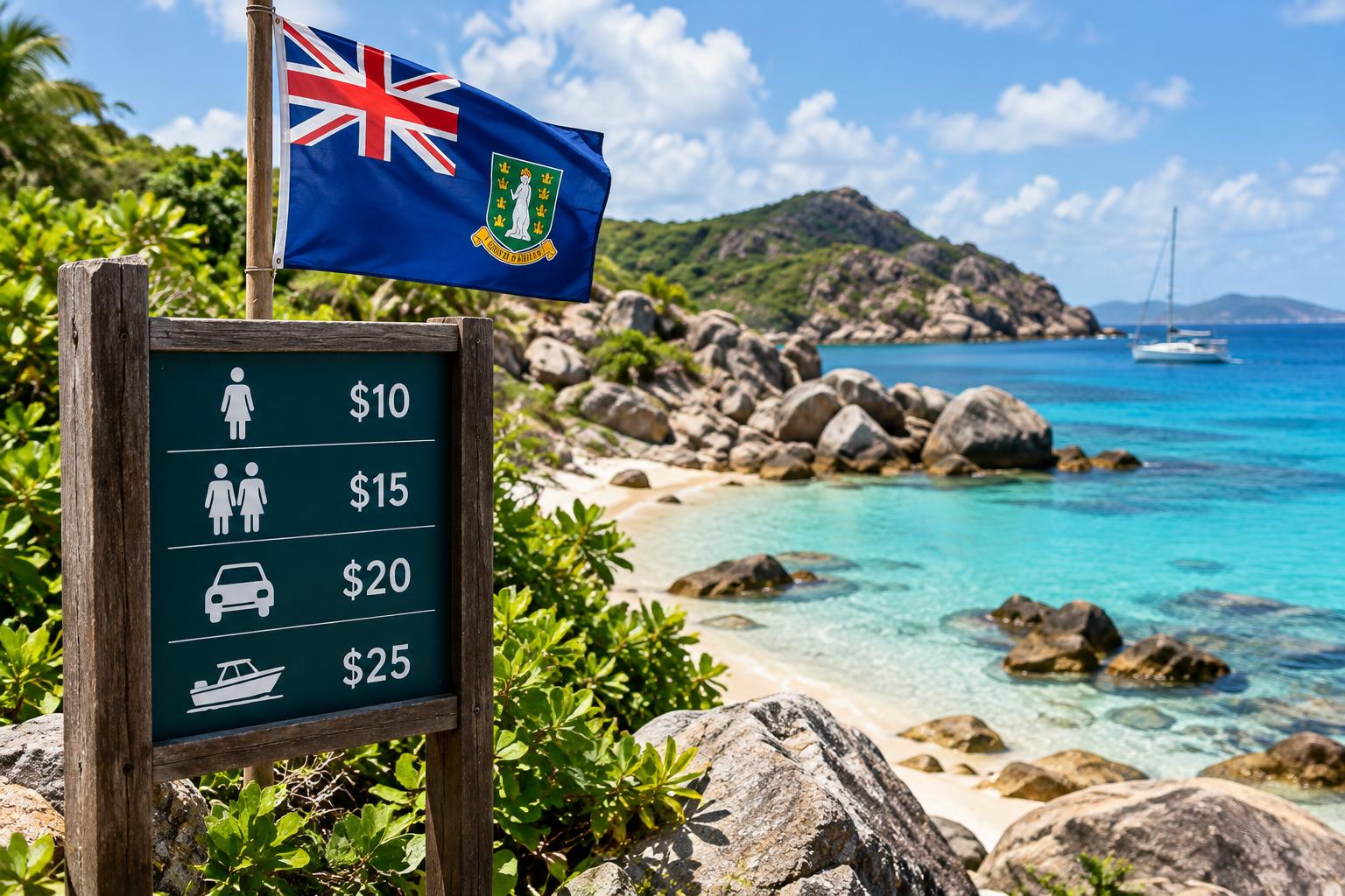 A scenic tropical beach cove with turquoise water and rocky formations, a price sign or fee board in the foreground, the British Virgin Islands flag flying nearby, bright daylight, inviting but professional tone