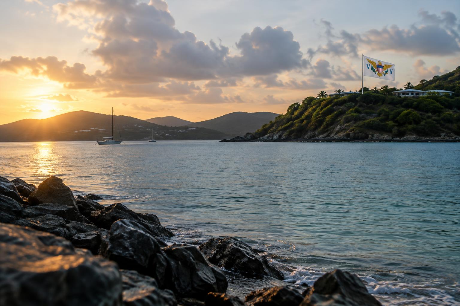 A calm Caribbean seascape at Lindbergh Bay with the US Virgin Islands flag visible on a distant shore, early morning light, no people visible, respectful and somber tone