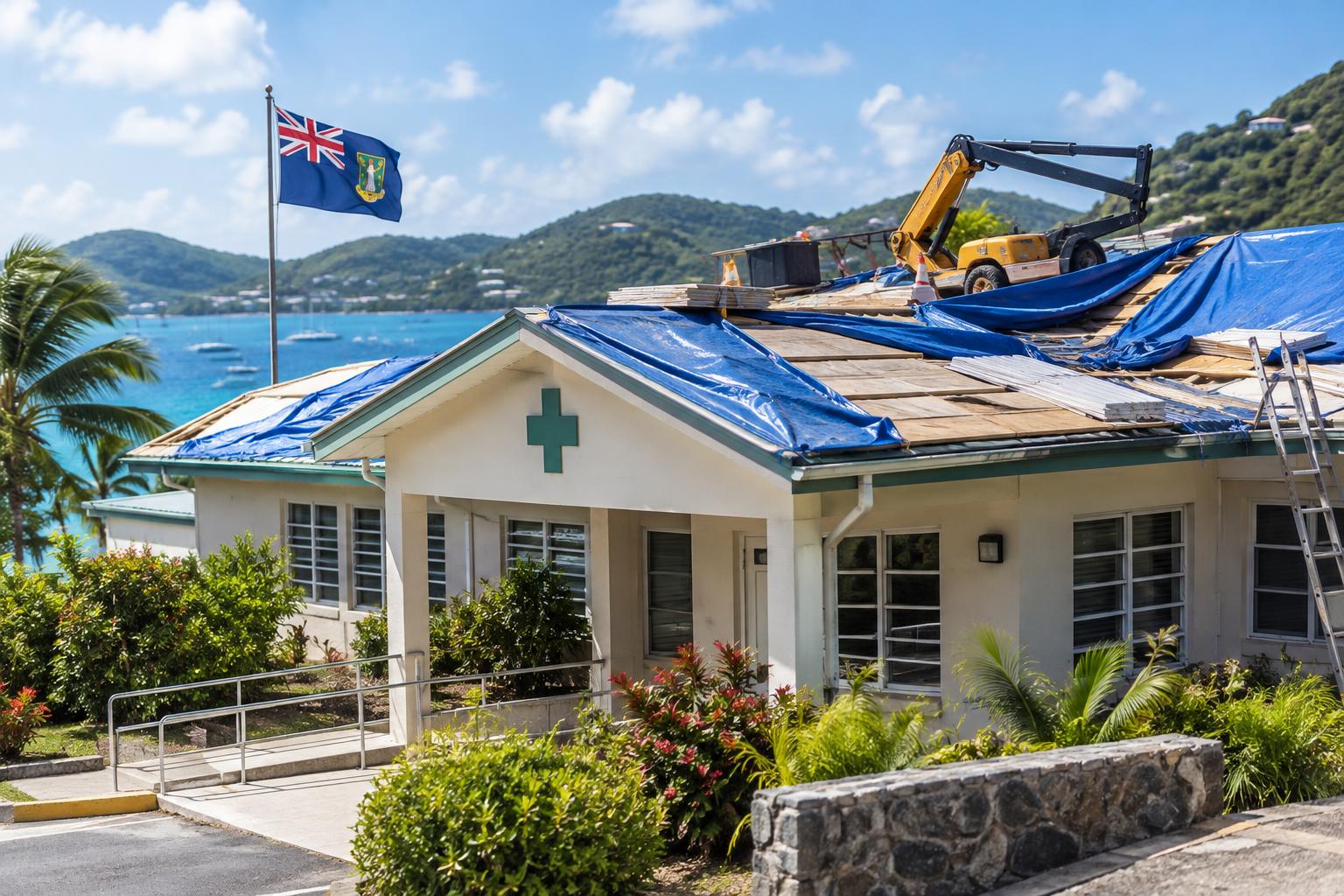 A Caribbean clinic building with construction equipment and tarps on the roof, the BVI flag visible in the background, clear island sky above, daytime lighting showing the repair work in progress
