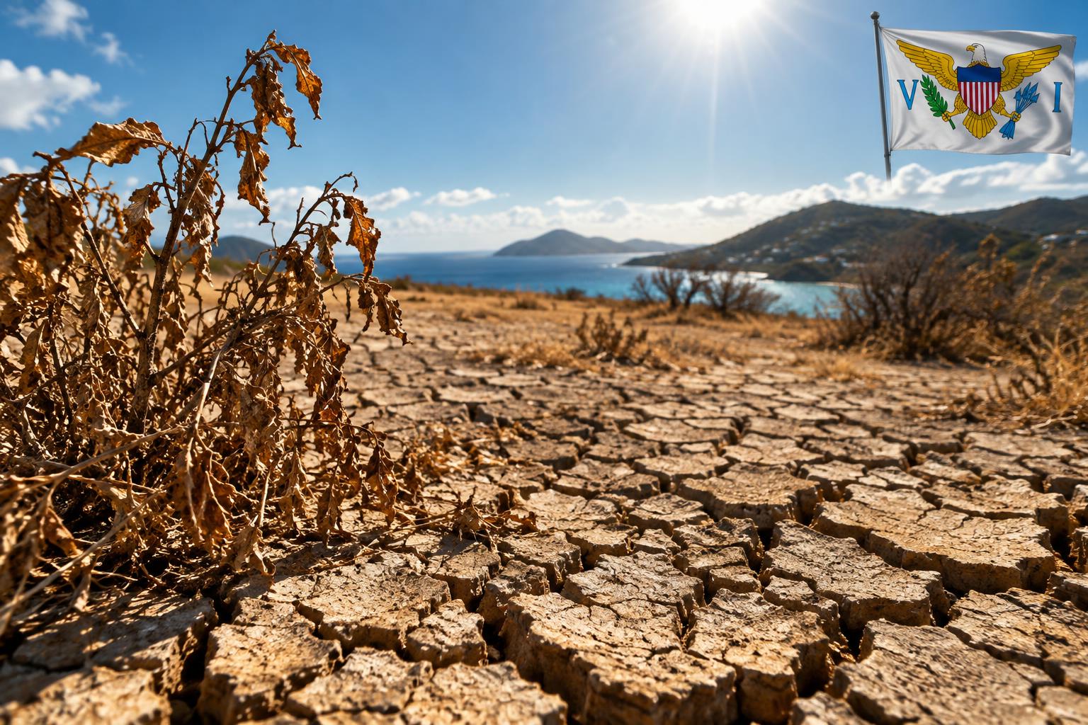 Severely cracked, parched earth under bright sunlight with withered vegetation, the US Virgin Islands flag visible in the corner, cinematic desert-like landscape