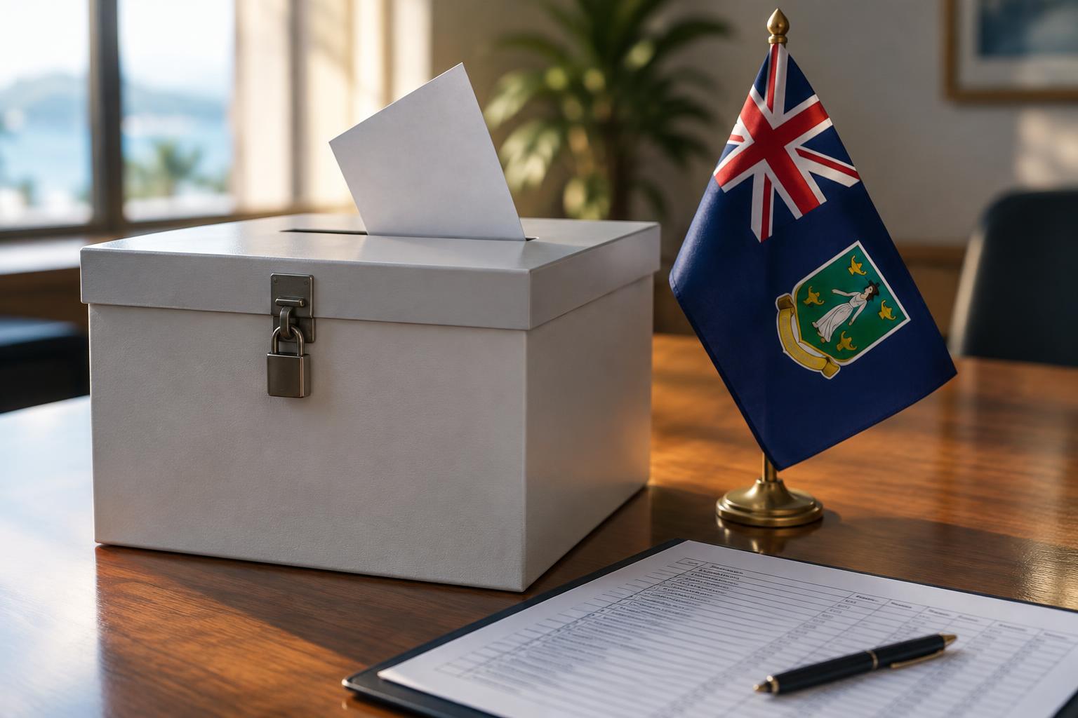 A ballot box with the British Virgin Islands flag beside it, sitting on a table with a voter registration list document visible, soft office lighting, cinematic composition
