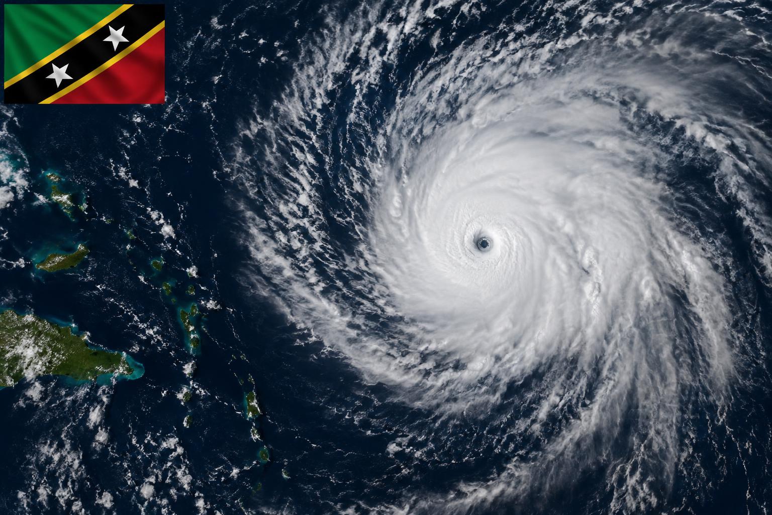 A satellite view of a hurricane swirling over the Atlantic Ocean with the flag of St. Kitts and Nevis in the corner, showing the distinctive eye and spiral bands of the storm system against dark ocean waters.