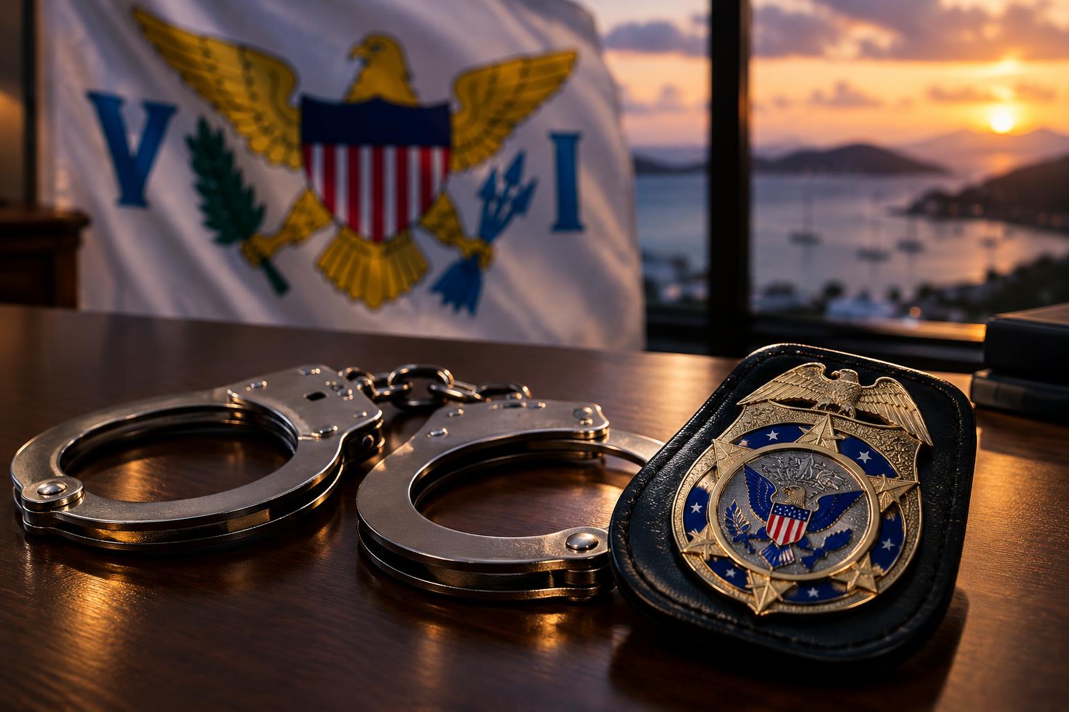 A pair of handcuffs and a U.S. Marshals Service badge on a desk, with the US Virgin Islands flag in soft focus behind, cinematic lighting at dusk, no people visible