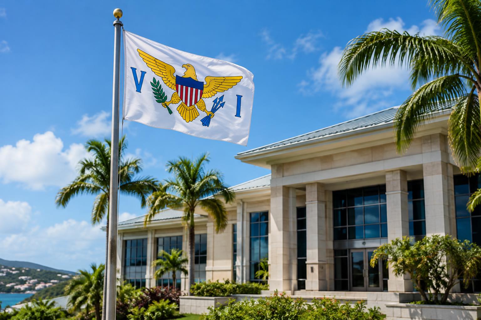 A modern government office building with the US Virgin Islands flag flying prominently, palm trees visible, clear Caribbean sky, professional and official atmosphere, no people visible