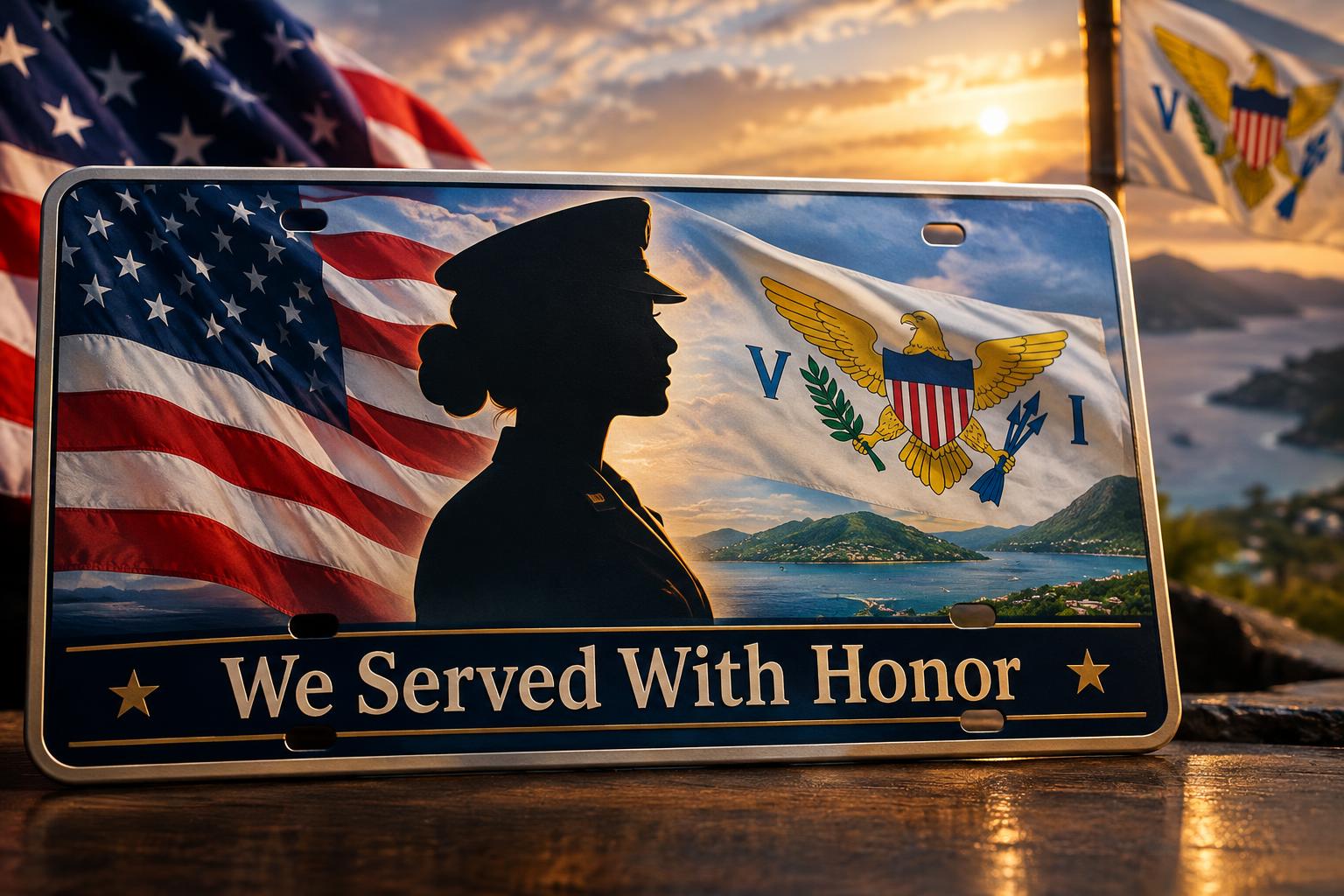 A custom license plate featuring a female service member silhouette with the American and U.S. Virgin Islands flags, the words 'We Served With Honor' visible, displayed against a patriotic background with the USVI flag in the corner, cinematic lighting