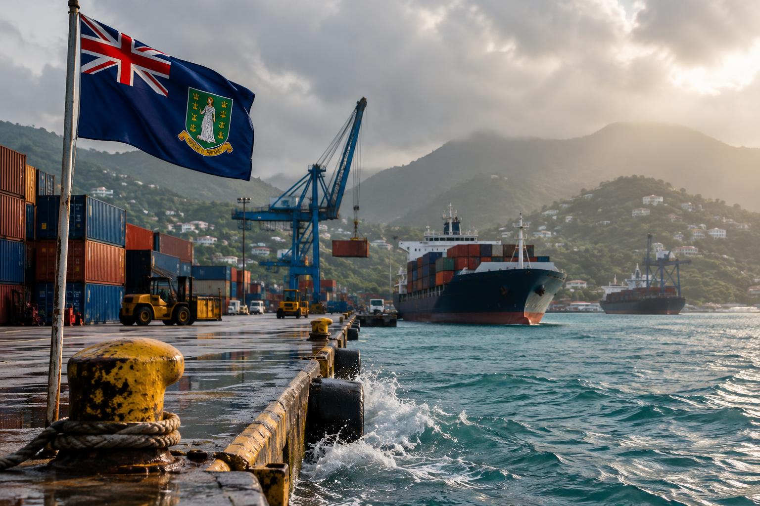 A busy Caribbean port with cargo containers and ships, with the BVI flag visible, water lapping at the dock edge under a hazy sky suggesting rising sea levels and climate threat