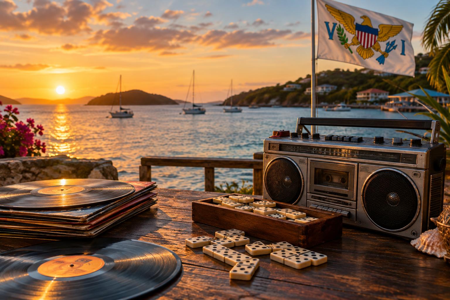 A vibrant waterfront scene at dusk with vinyl records, dominoes, and a boombox arranged on a table, the US Virgin Islands flag flying nearby, warm golden lighting reflecting off the water, no people visible