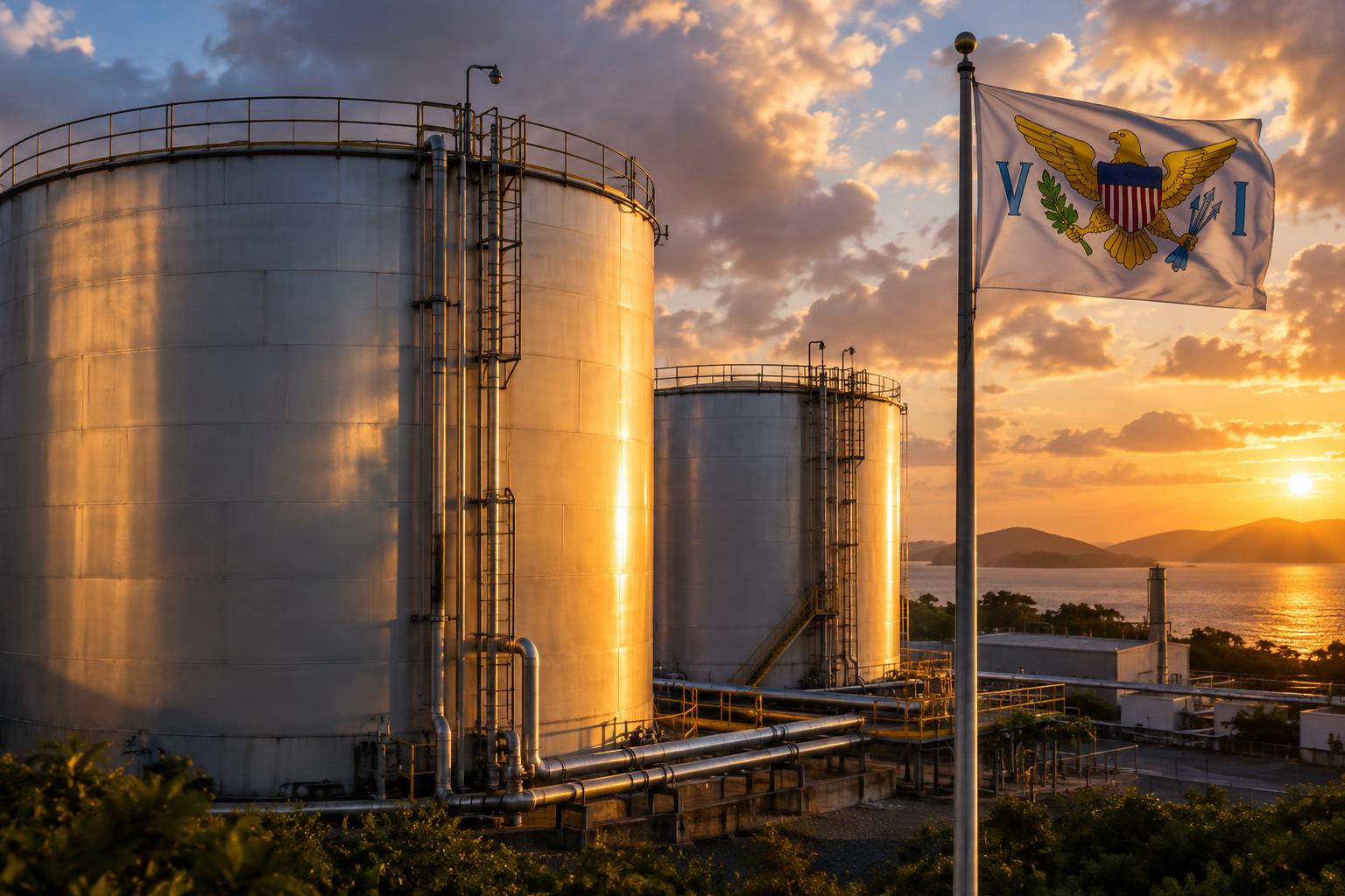 Large industrial diesel storage tanks at a power generation facility with the US Virgin Islands flag flying nearby, shot at golden hour with dramatic lighting on the metal structures.