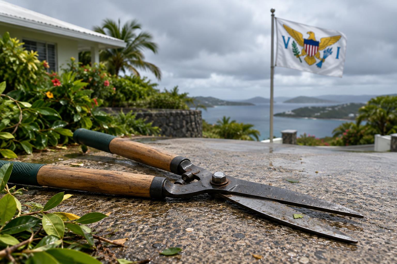 Garden shears on a residential driveway with the US Virgin Islands flag in the background, overcast Caribbean light, no people visible