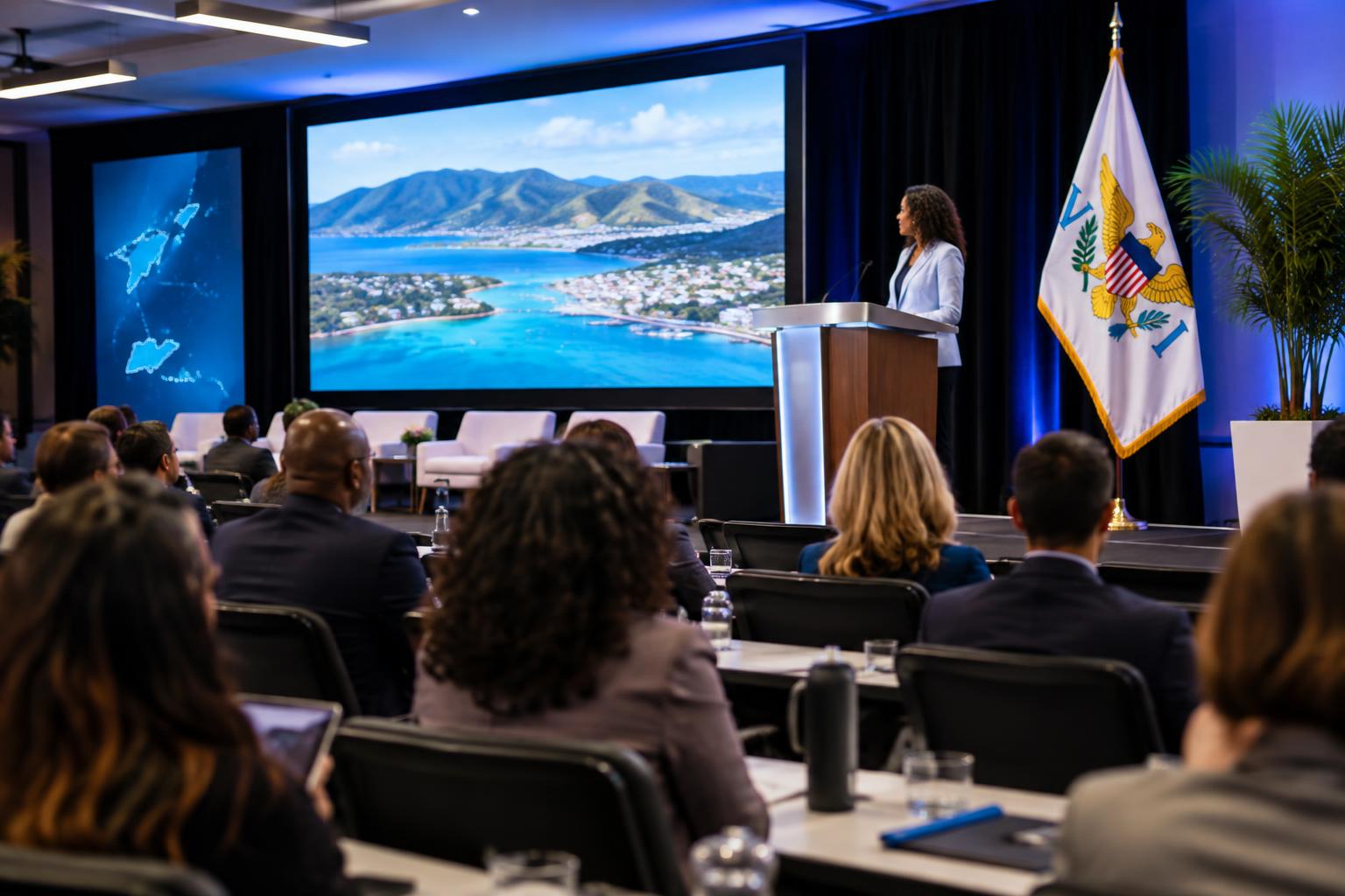 A modern conference room with digital displays and technology equipment, the US Virgin Islands flag visible in the background, attendees seated facing a stage with professional lighting and contemporary furnishings.