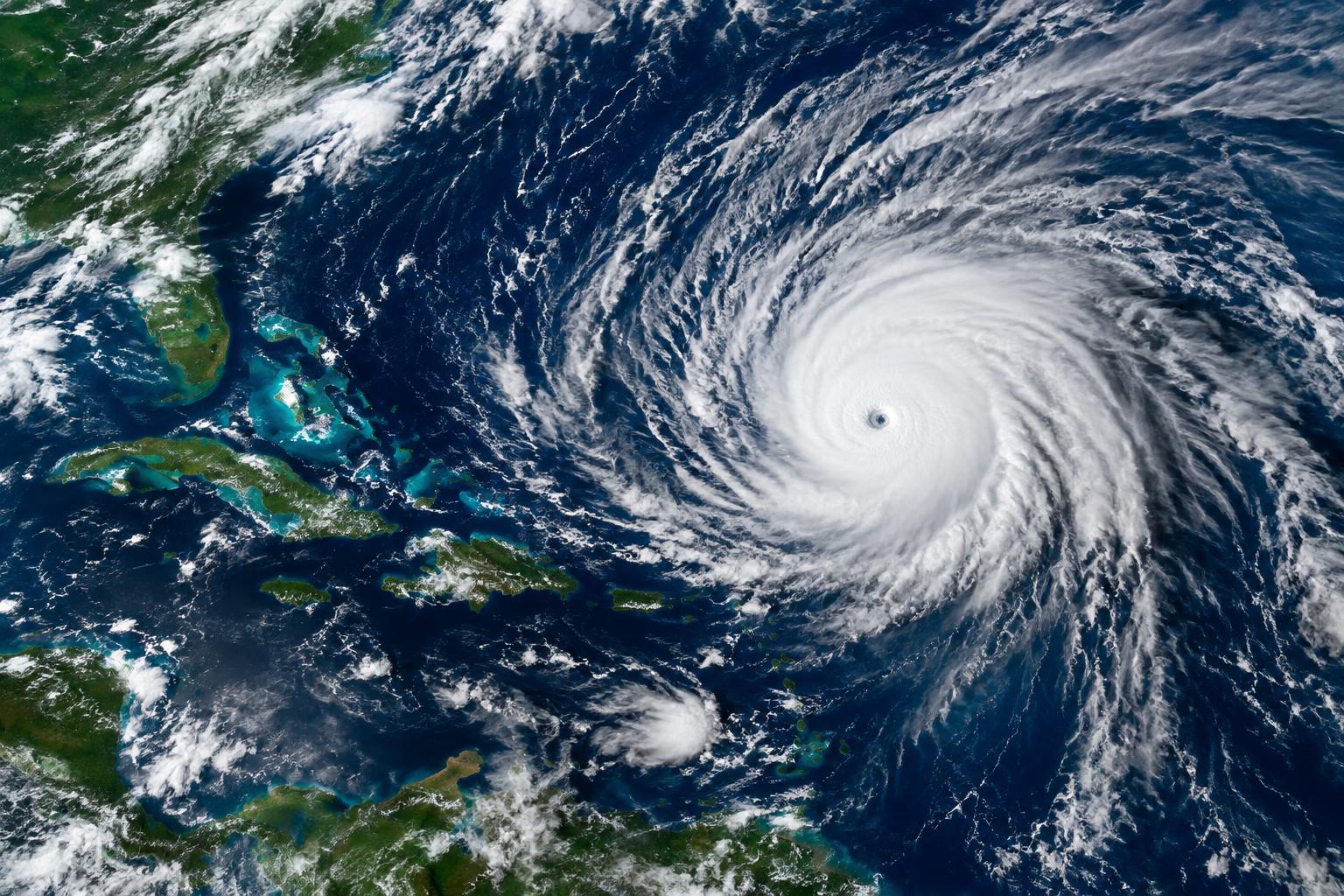 Satellite view of a swirling Atlantic hurricane with the Caribbean islands visible below, the Atlantic basin stretching across the frame, dramatic cloud formations in white and grey against deep blue ocean.