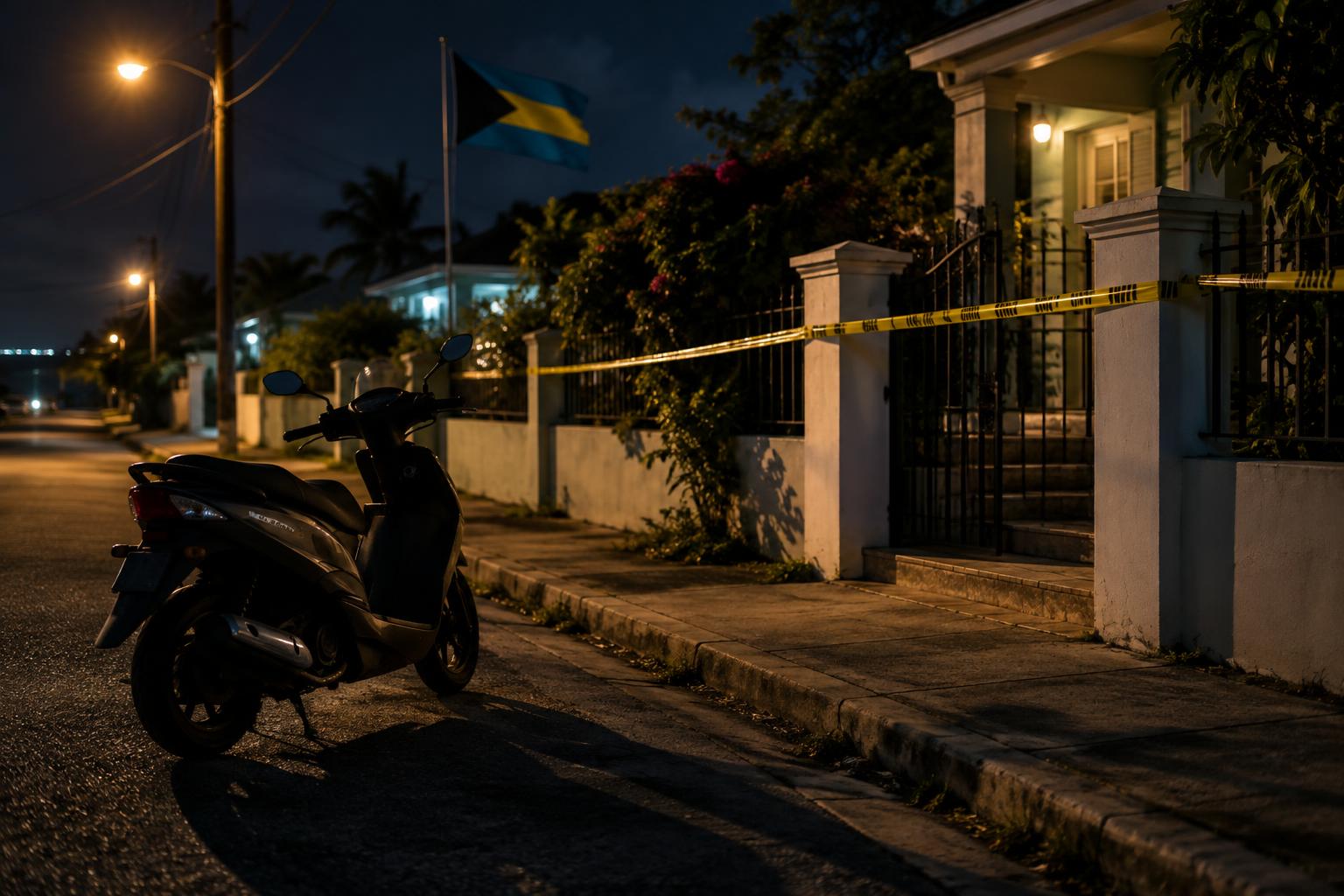 A quiet residential street at night with a motor scooter parked in shadow, police tape cordoning off a home entrance, the Bahamas flag visible in the background, cinematic lighting with street lamps casting long shadows, no people or bodies visible