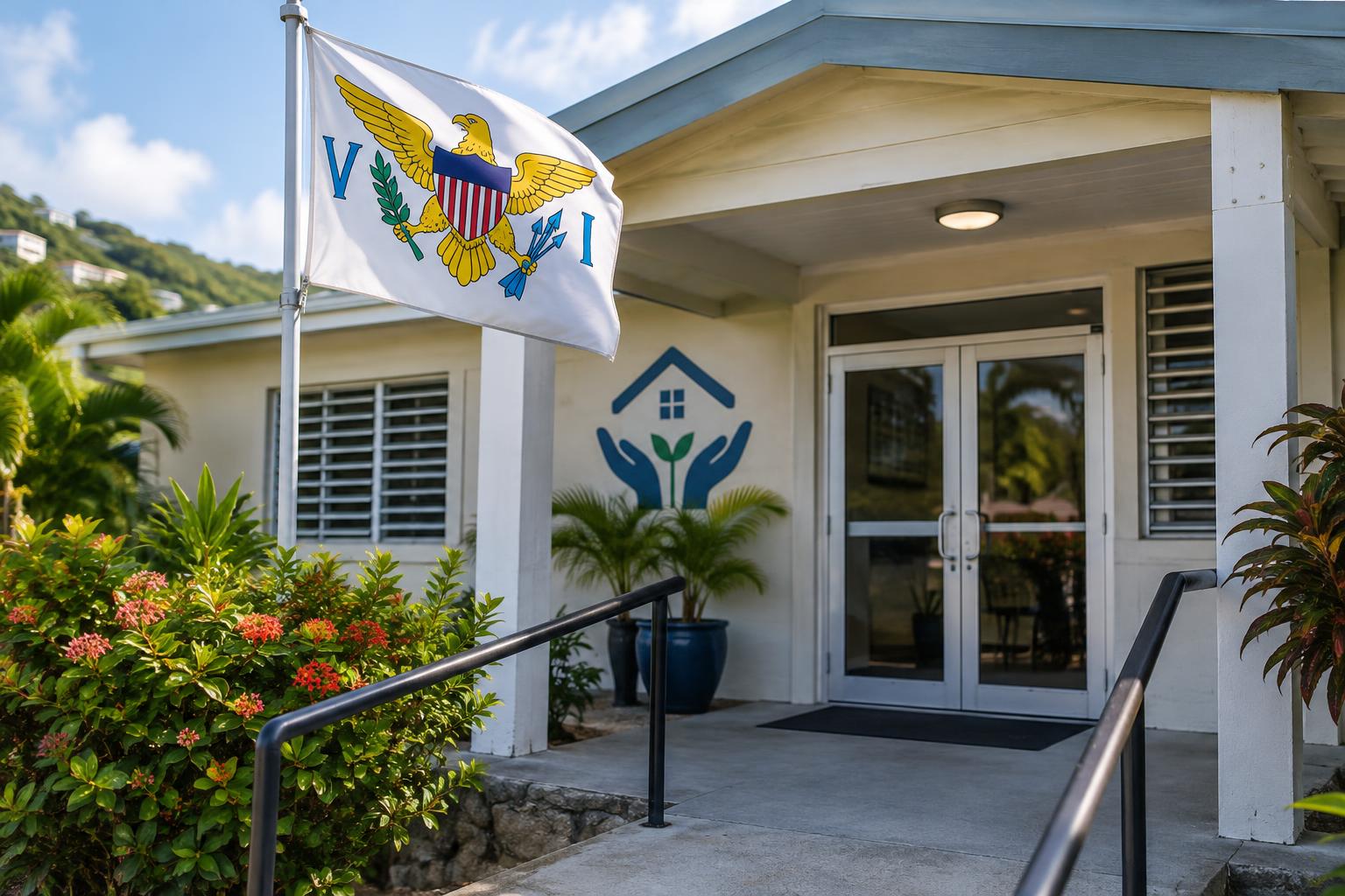 A modest community building or office entrance with the U.S. Virgin Islands flag, symbolic of local nonprofits providing housing support, photographed in natural daylight with clear signage visible.