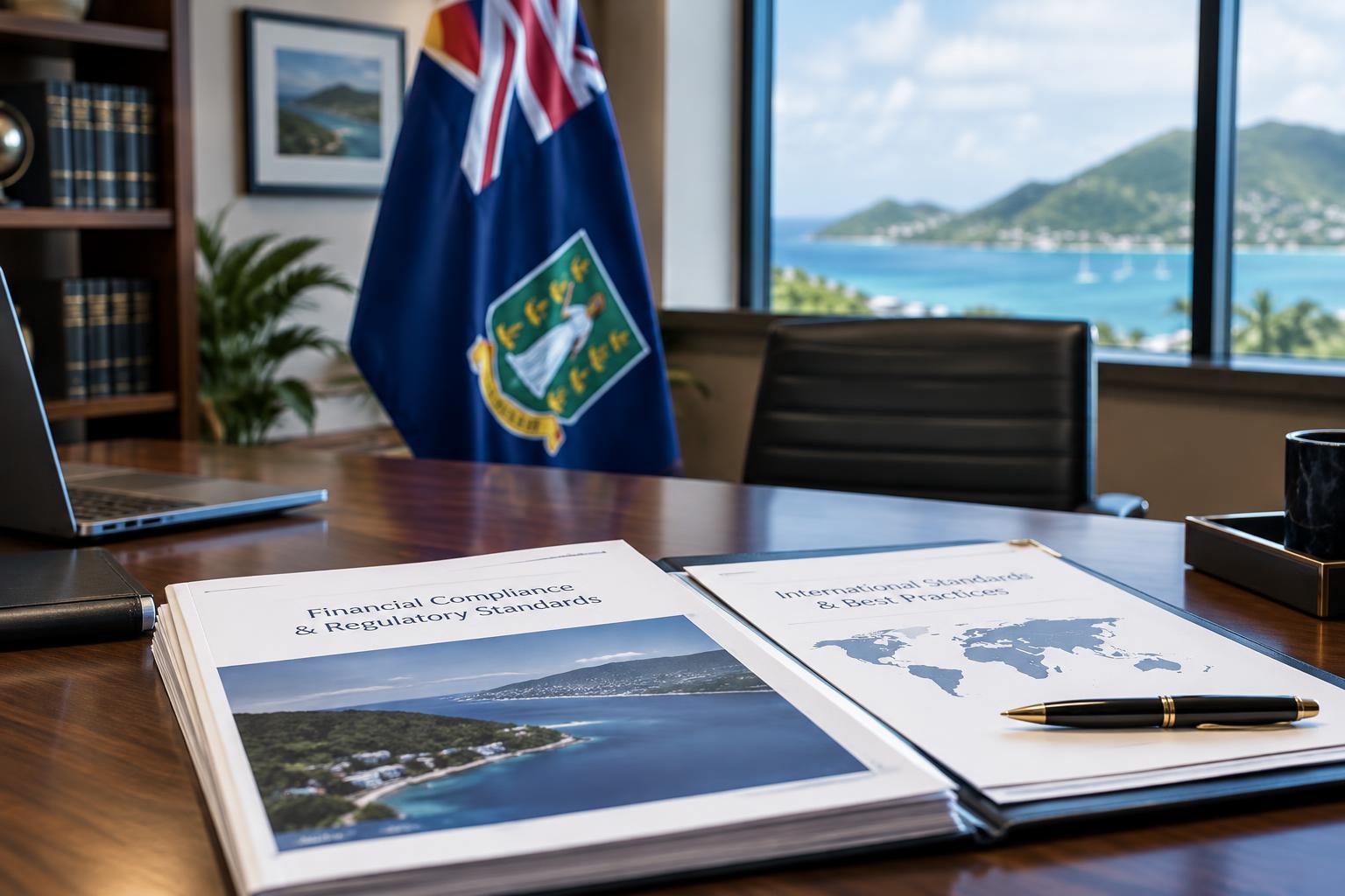 A modern government office interior with the BVI flag displayed prominently, documents on a desk relating to financial compliance and international standards, soft professional lighting, no people visible