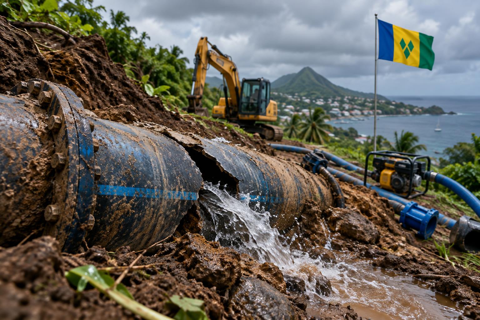 A broken water main pipe exposed on a hillside with earth and debris around it, the flag of St Vincent and the Grenadines visible in the background, overcast Caribbean sky, emergency repair equipment nearby, no people visible