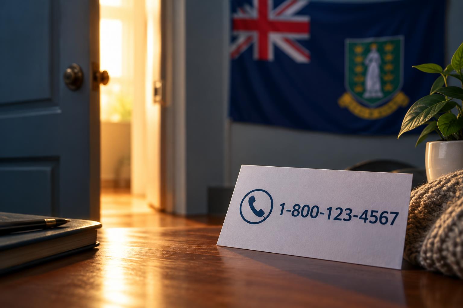 An open door with warm light, a helpline phone number visible on a card, and the BVI flag in soft focus behind, symbolising access to help and safety for domestic violence survivors