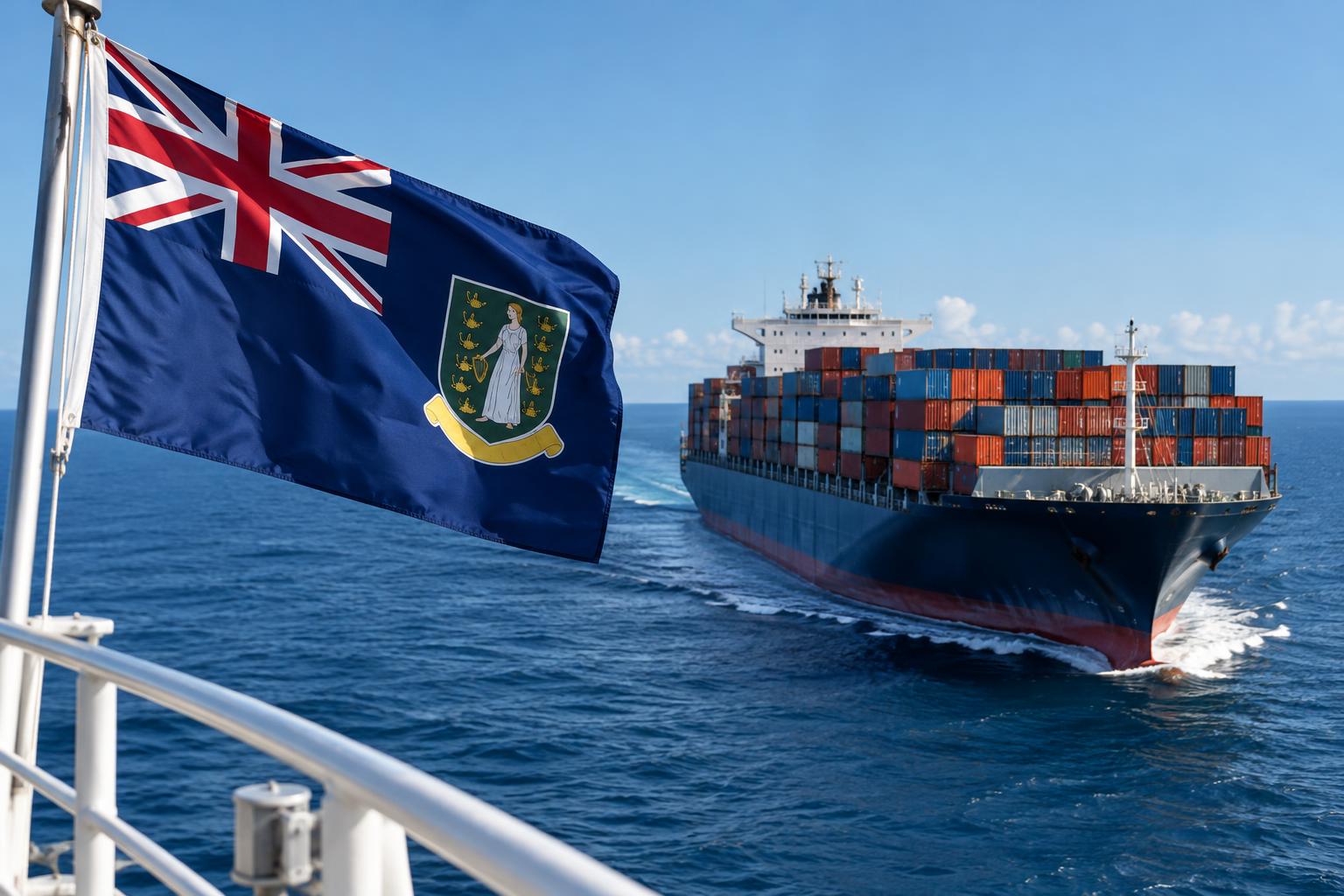 A large container ship or merchant vessel on open ocean under clear skies, with the British Virgin Islands flag flying prominently in the foreground, representing maritime commerce and international shipping