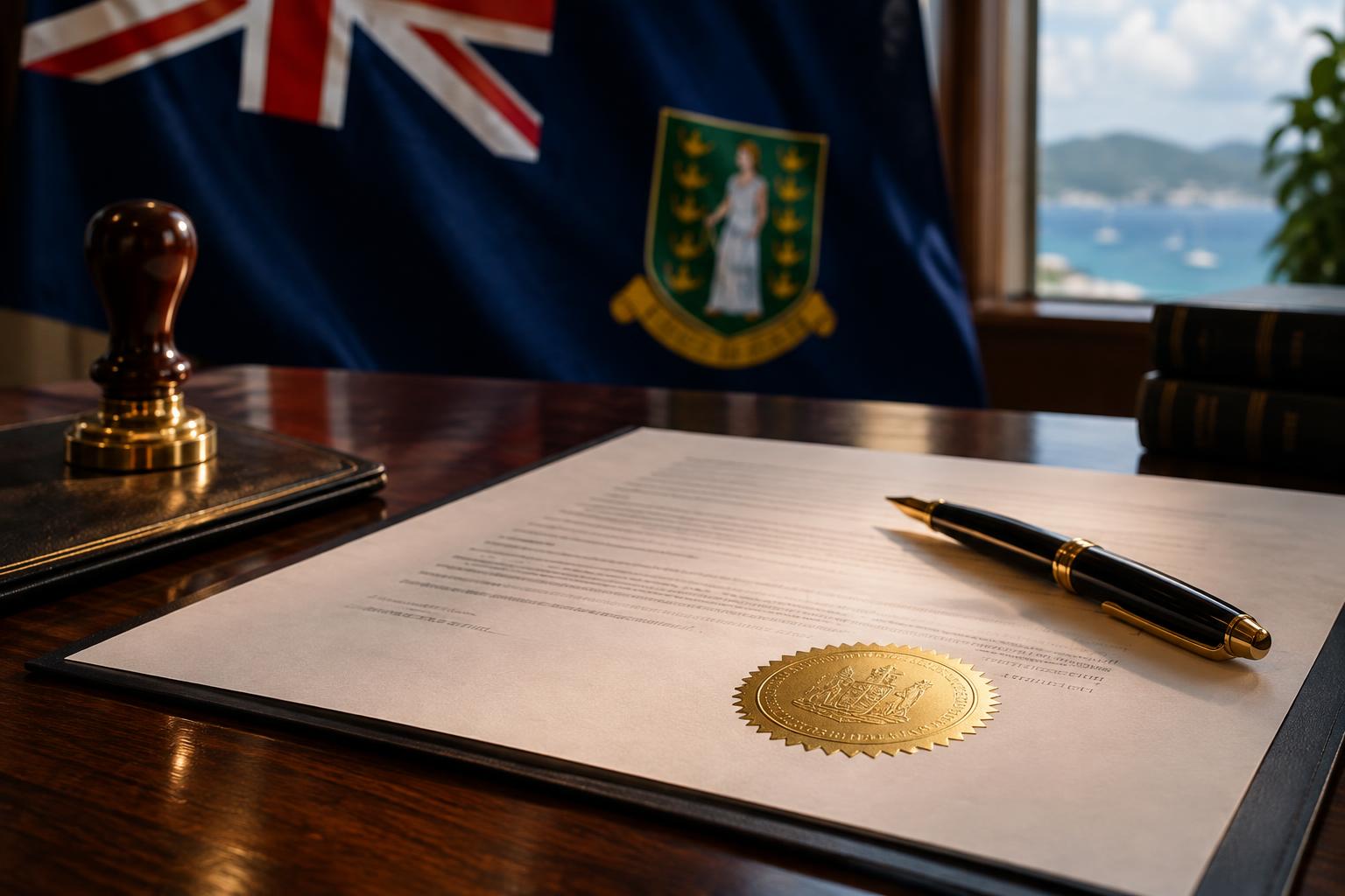 A notarised document with an official seal and pen on a desk, with the British Virgin Islands flag in the background, cinematic lighting, no people or faces visible