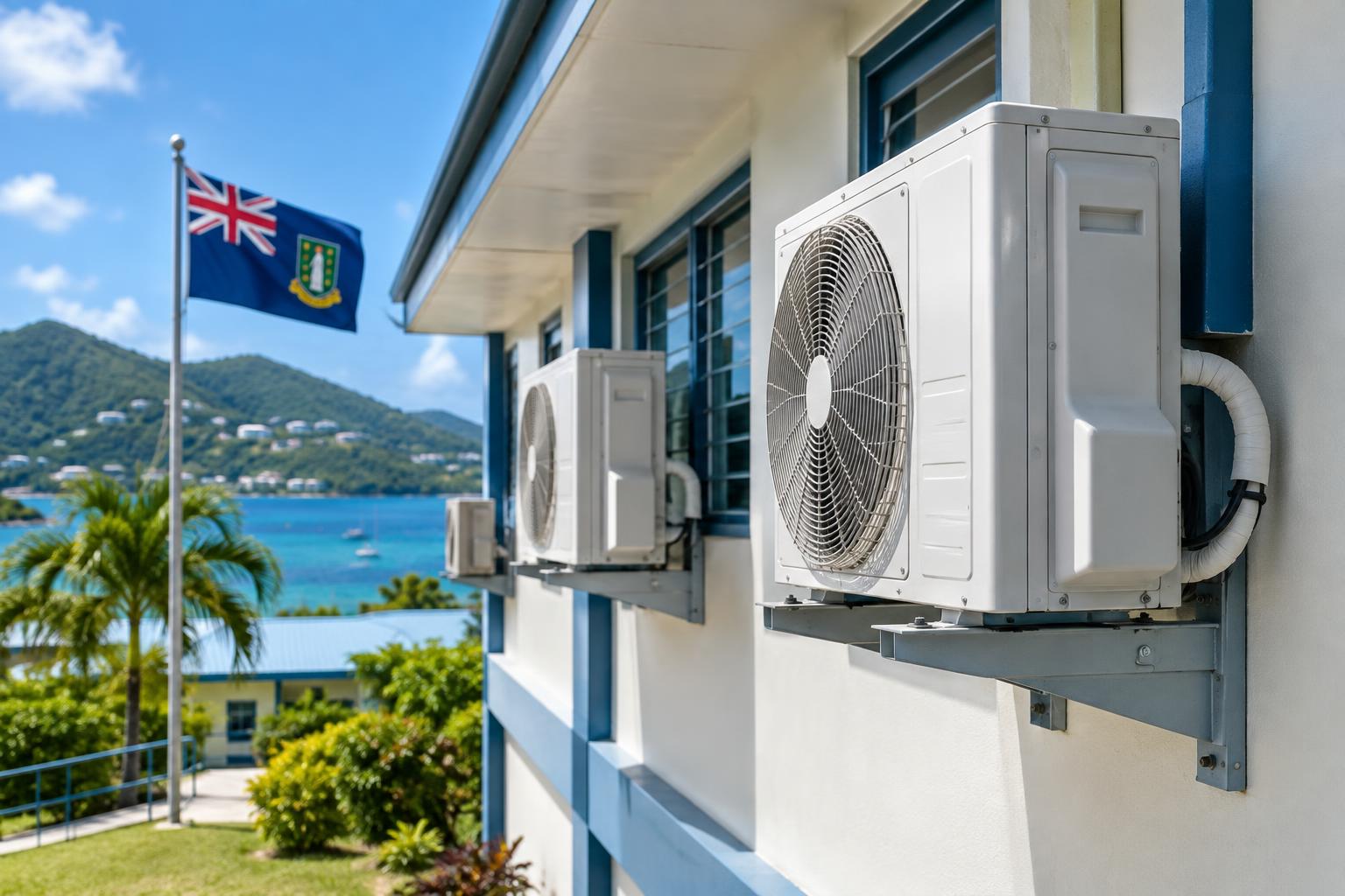 Modern air conditioning units mounted on the exterior of a school building, with the British Virgin Islands flag visible in the background, bright daylight, clear sky, no people visible