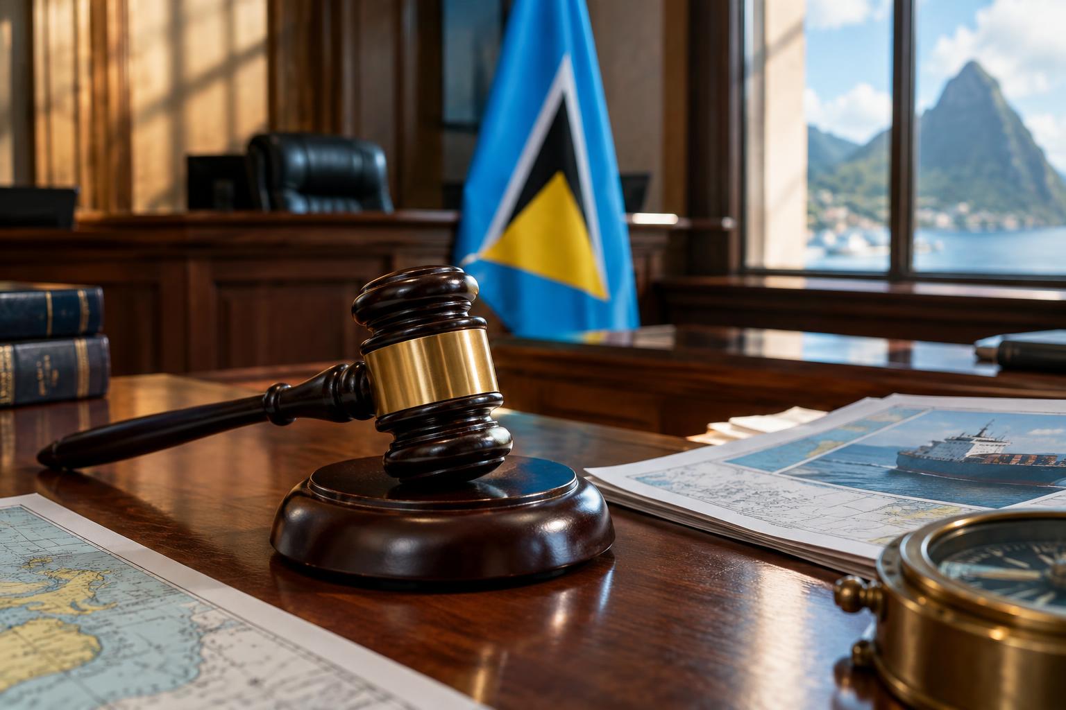 A gavel resting on a desk with the St. Lucia flag in the background, papers and maritime documents scattered nearby, courtroom setting with natural light, cinematic composition, no people visible