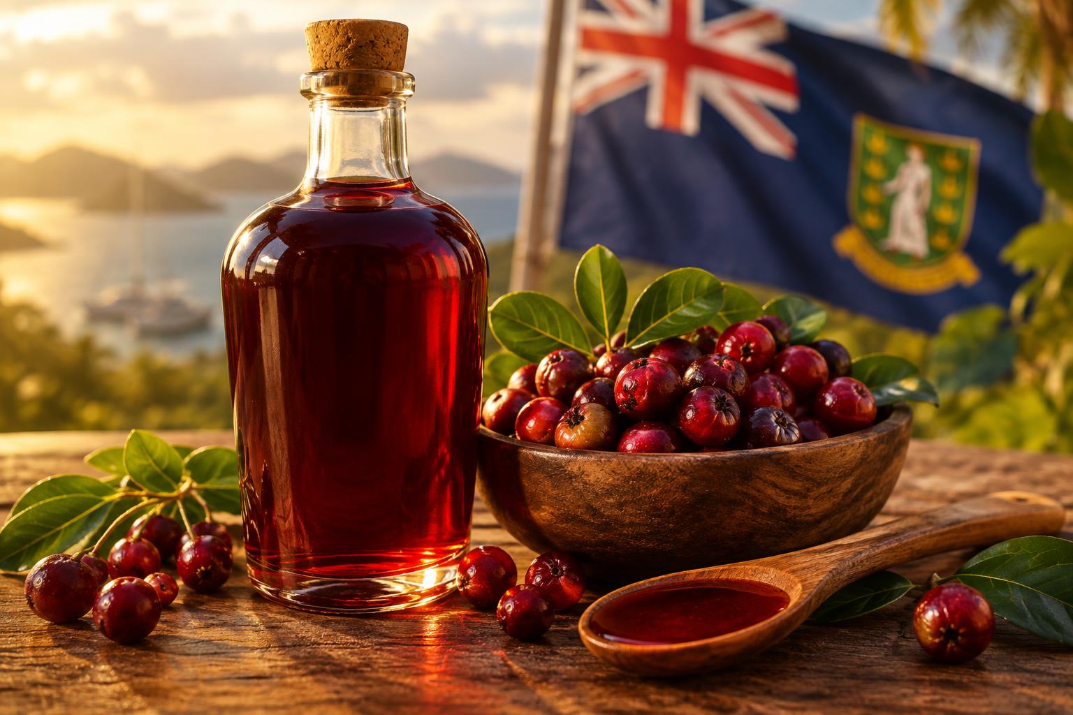 A bottle of deep red guavaberry liqueur alongside fresh guavaberries and a wooden spoon with syrup, arranged on a wooden table with the BVI flag in soft focus behind, warm golden lighting
