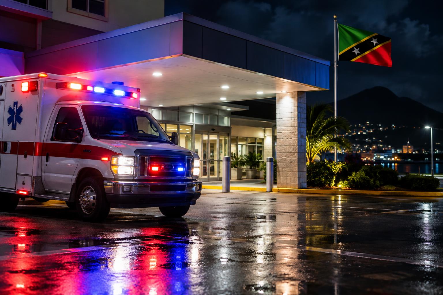 A hospital entrance at night with an ambulance, the flag of St. Kitts and Nevis visible in the background, dramatic emergency lighting, no people visible