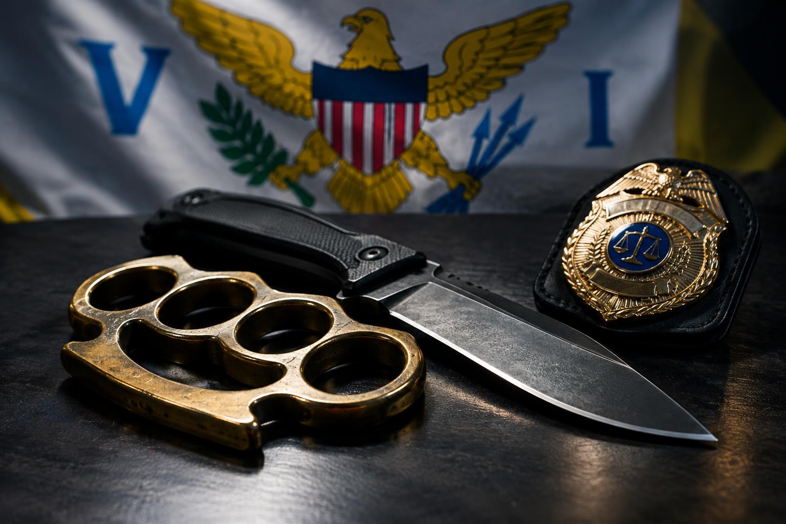 A brass knuckles weapon and knife on a dark surface next to a police badge, with the US Virgin Islands flag in the background, cinematic lighting, no people