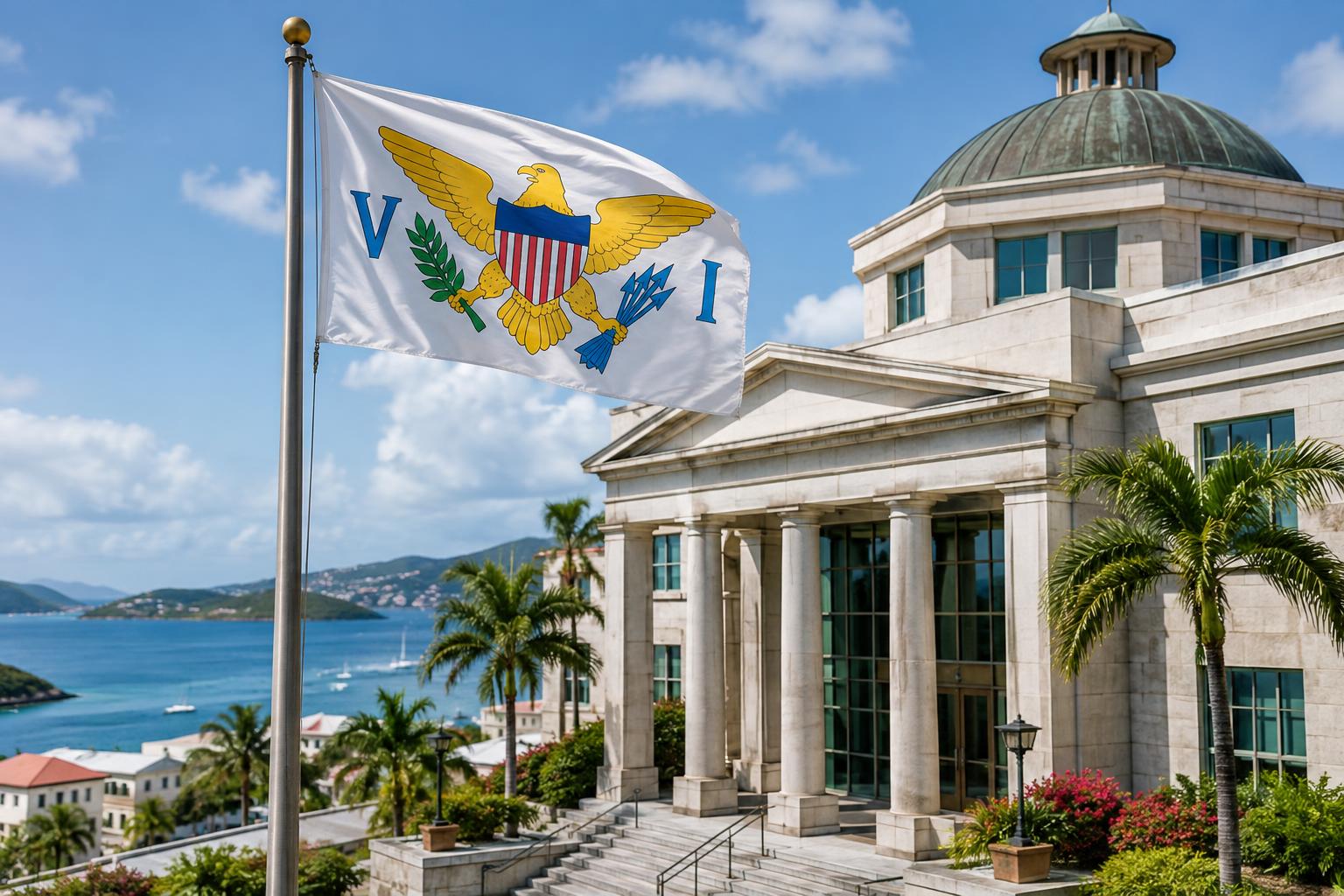 A modern government building or legislative chamber with the US Virgin Islands flag flying prominently, representing civic governance and island stewardship, shot in natural daylight with clear architectural details visible.