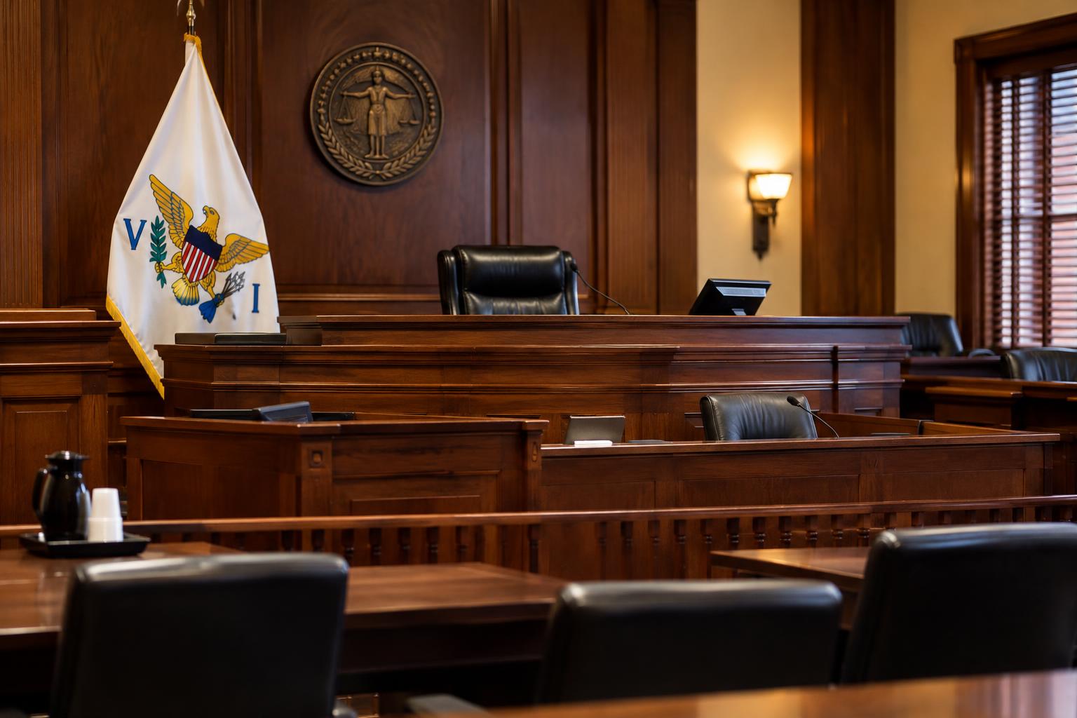 A formal courtroom with a wooden judicial bench and the US Virgin Islands flag displayed prominently, empty chairs and professional legal setting, warm courtroom lighting