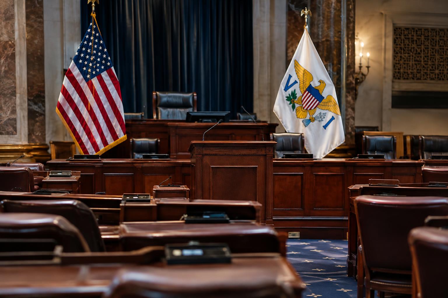 A legislative chamber interior with the US flag and the US Virgin Islands flag displayed together, focused on empty seats and the speaker's podium, suggesting pending legislation and territorial governance.