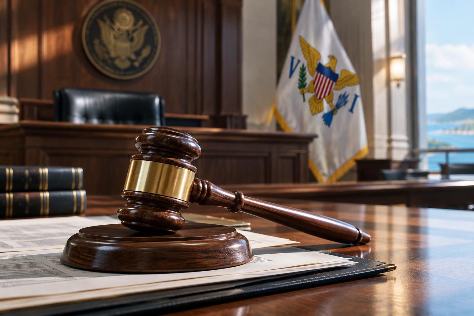 A wooden gavel resting on legal documents and a desk in a federal courthouse, with the US Virgin Islands flag visible in the background, cinematic lighting, no people