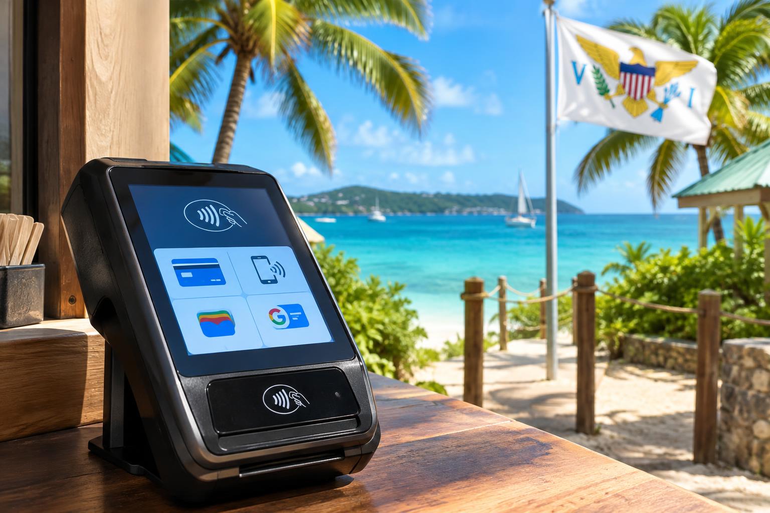 A modern payment terminal displaying card and mobile payment options at a beach entrance kiosk, with turquoise Caribbean water and palm trees visible in the background, the US Virgin Islands flag flying nearby, bright tropical sunlight