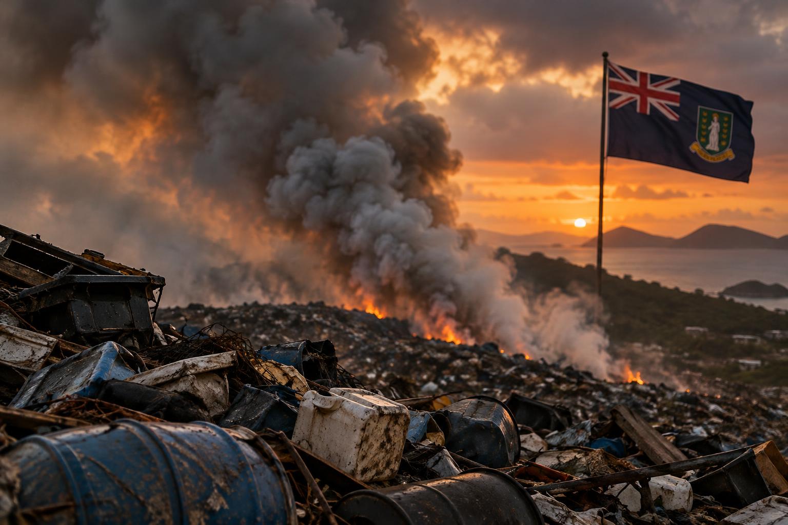Thick smoke rising from a landfill at dusk with the British Virgin Islands flag in the background, industrial waste visible in the foreground, cinematic lighting with orange and grey tones, no people visible